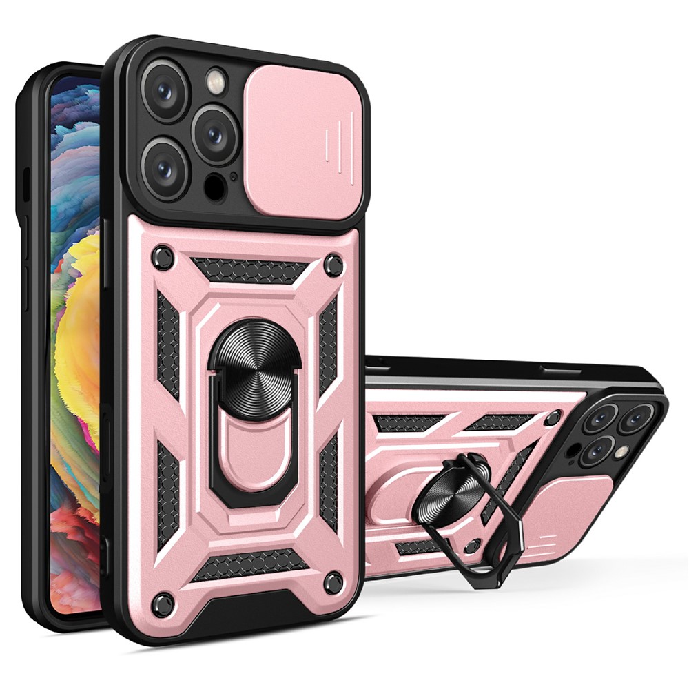 AMORUS For iPhone 16 Pro Max Case Kickstand PC + TPU Phone Cover with Camera Lens Slider - Rose Gold