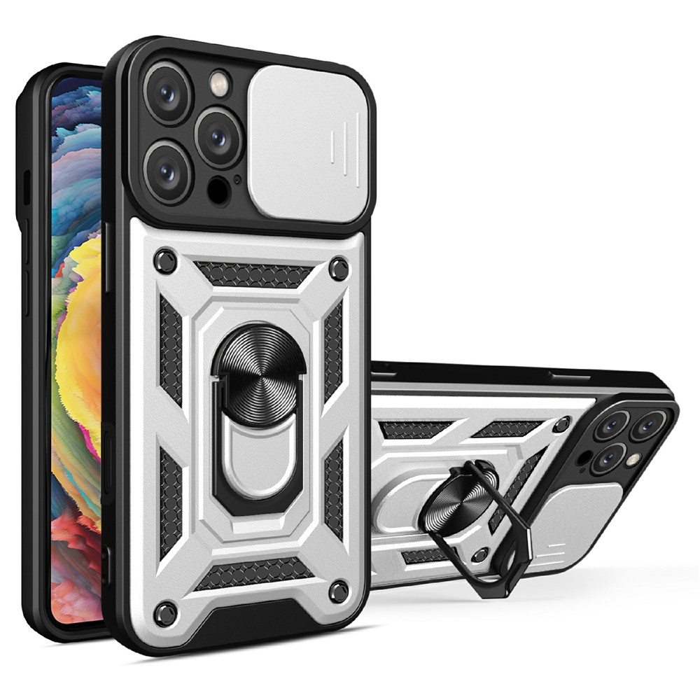 AMORUS For iPhone 16 Pro Max Case Kickstand PC + TPU Phone Cover with Camera Lens Slider - Silver
