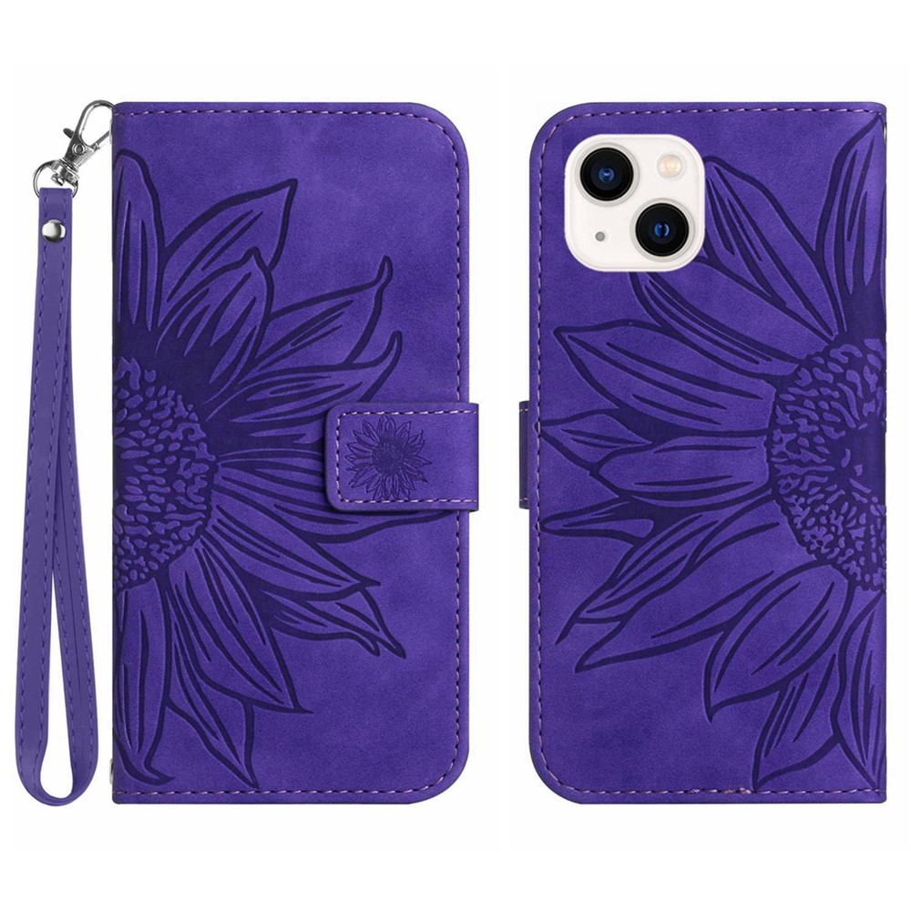 Skin-Touch Feeling Flip Phone Case for iPhone 13 mini, HT04 Imprinted Sunflower Stand PU Leather Magnetic Wallet Cover with Strap - Dark Purple
