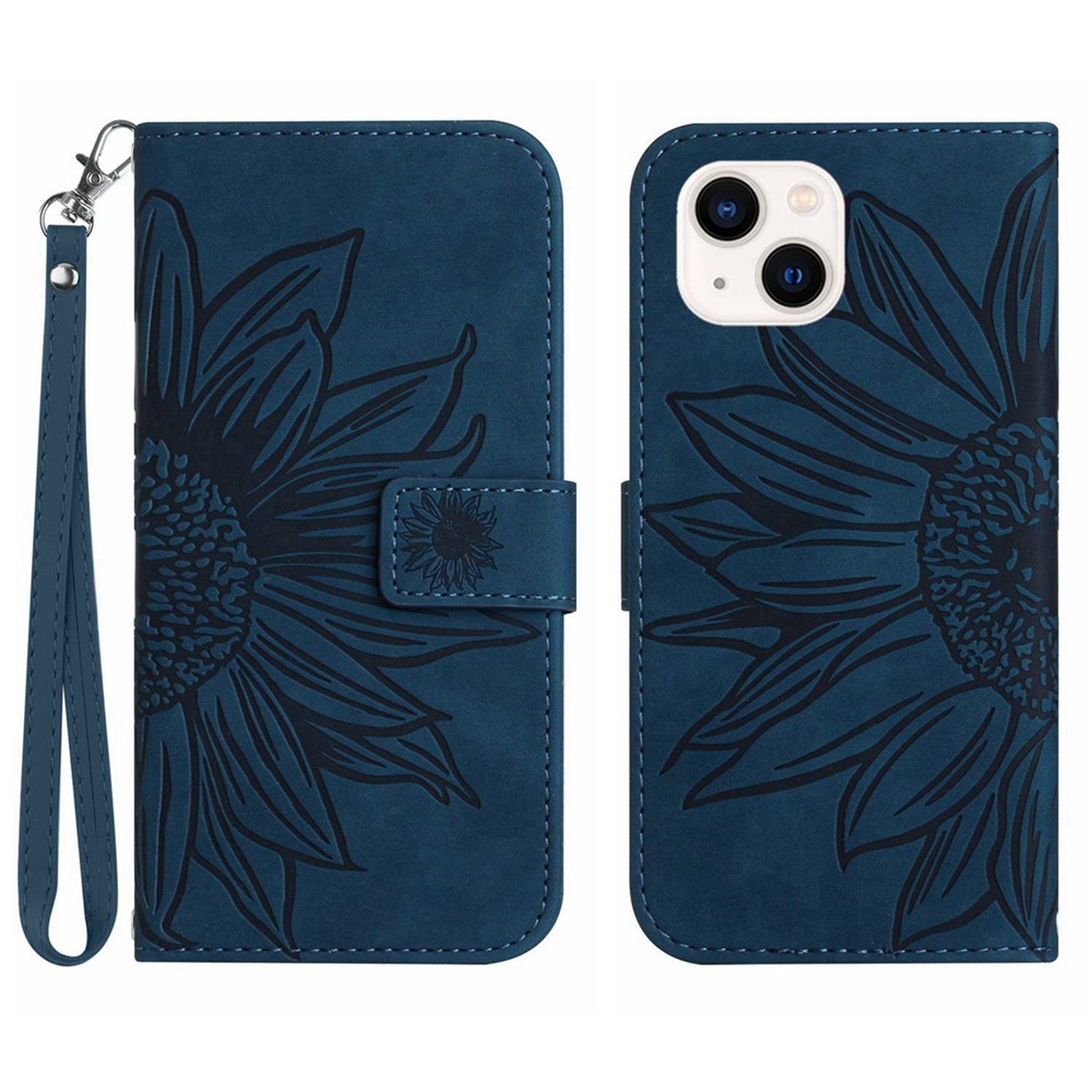 Skin-Touch Feeling Flip Phone Case for iPhone 13 mini, HT04 Imprinted Sunflower Stand PU Leather Magnetic Wallet Cover with Strap - Dark Blue