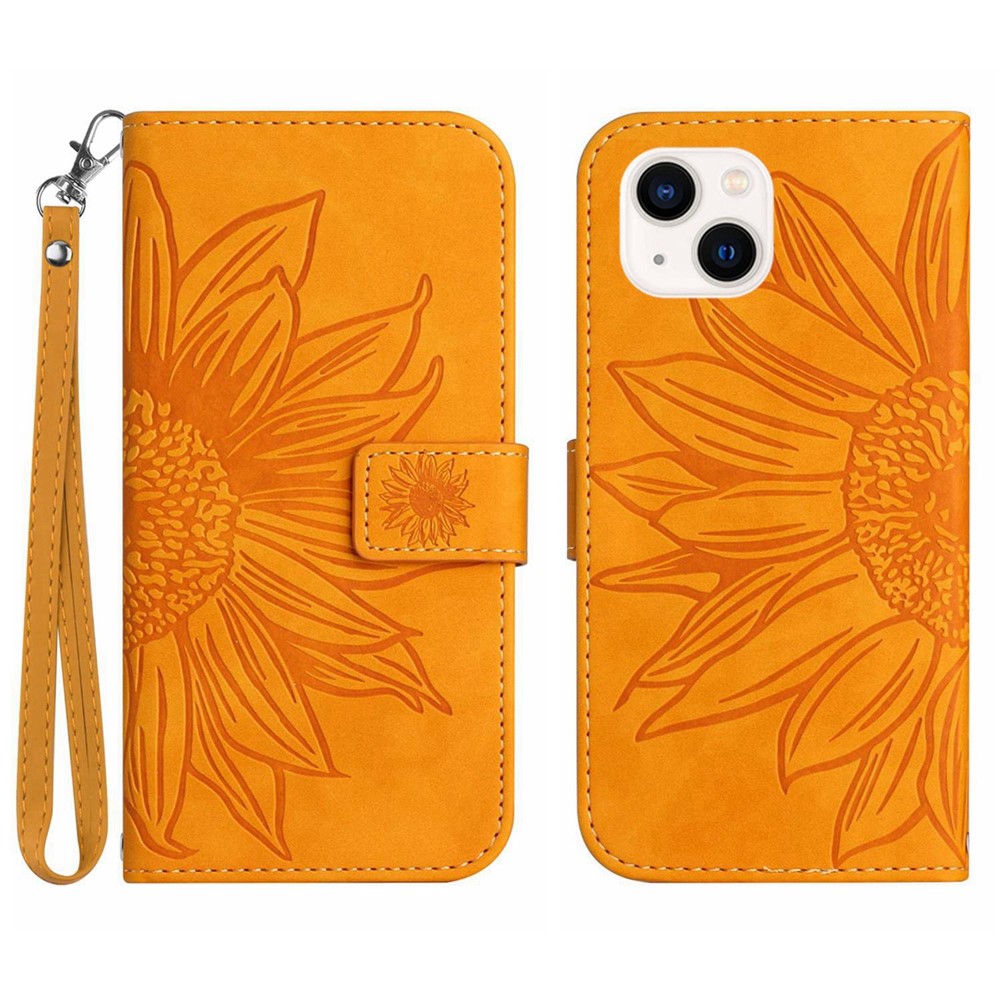 Skin-Touch Feeling Flip Phone Case for iPhone 13 mini, HT04 Imprinted Sunflower Stand PU Leather Magnetic Wallet Cover with Strap - Yellow