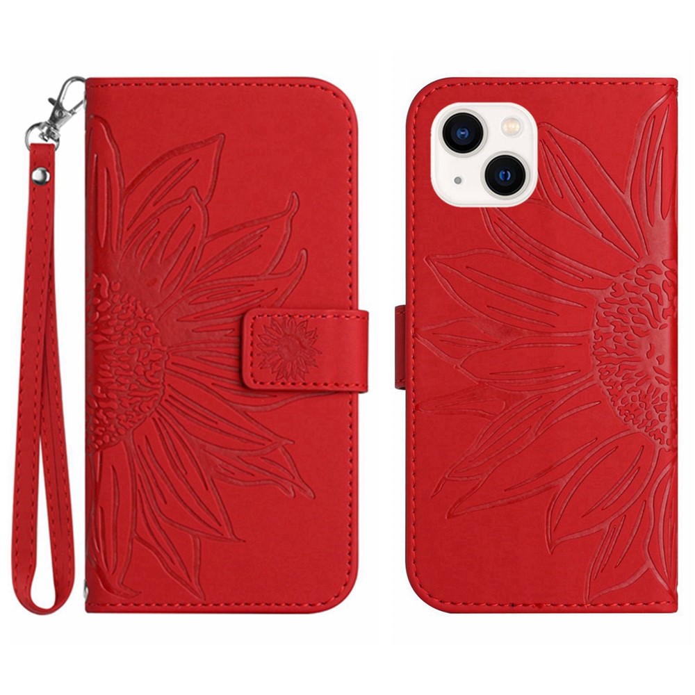 Skin-Touch Feeling Flip Phone Case for iPhone 13 mini, HT04 Imprinted Sunflower Stand PU Leather Magnetic Wallet Cover with Strap - Red