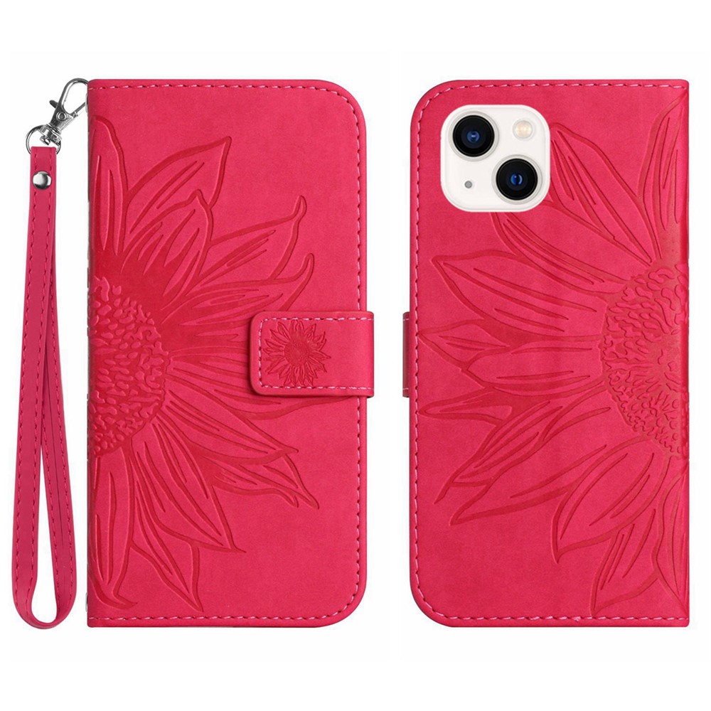 Skin-Touch Feeling Flip Phone Case for iPhone 13 mini, HT04 Imprinted Sunflower Stand PU Leather Magnetic Wallet Cover with Strap - Rose