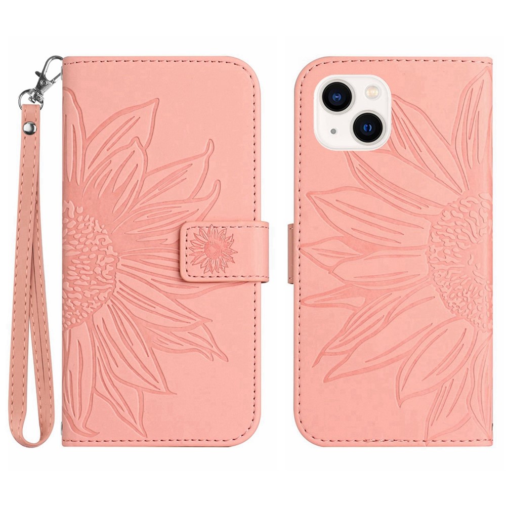 Skin-Touch Feeling Flip Phone Case for iPhone 13 mini, HT04 Imprinted Sunflower Stand PU Leather Magnetic Wallet Cover with Strap - Light Pink