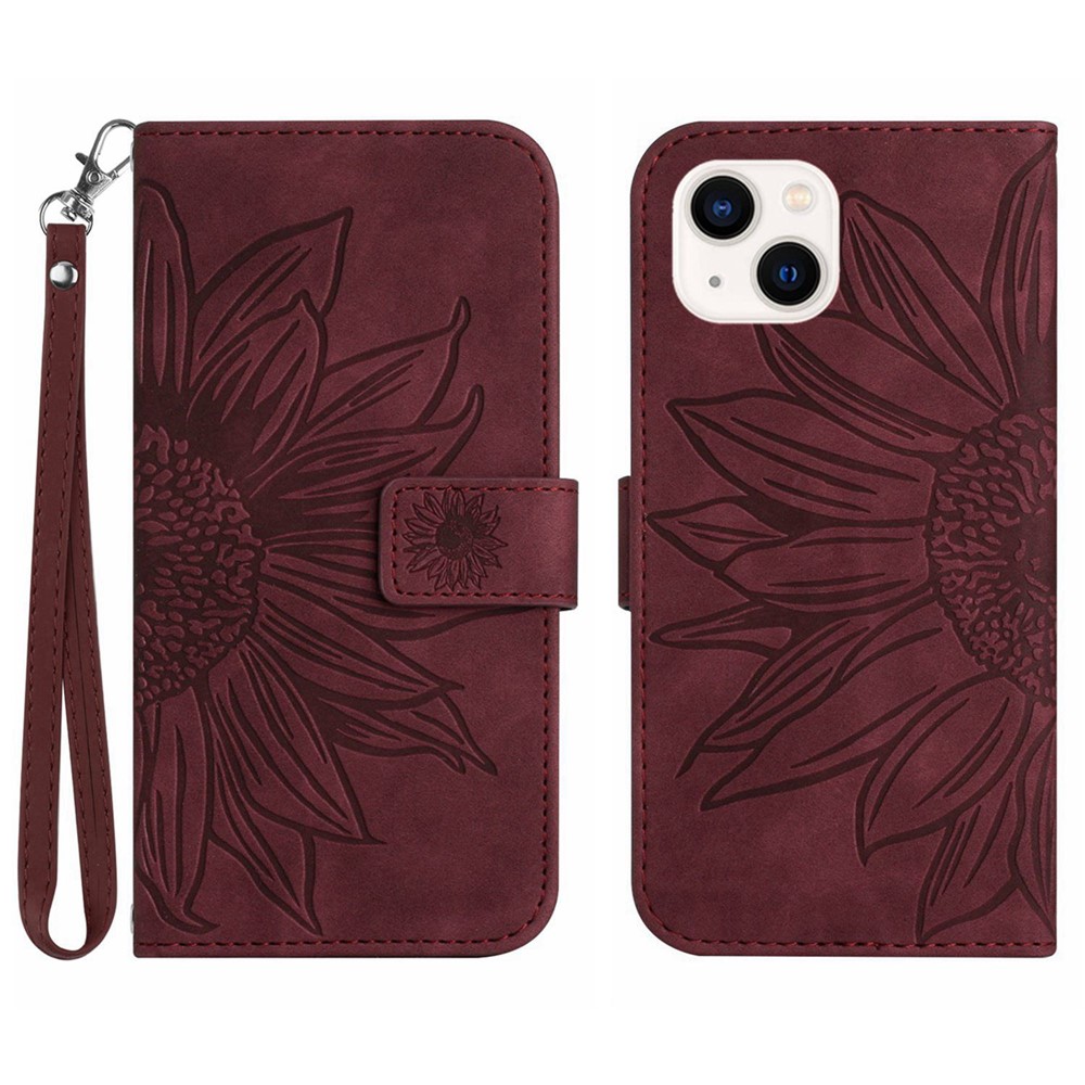 Skin-Touch Feeling Flip Phone Case for iPhone 13 mini, HT04 Imprinted Sunflower Stand PU Leather Magnetic Wallet Cover with Strap - Wine Red