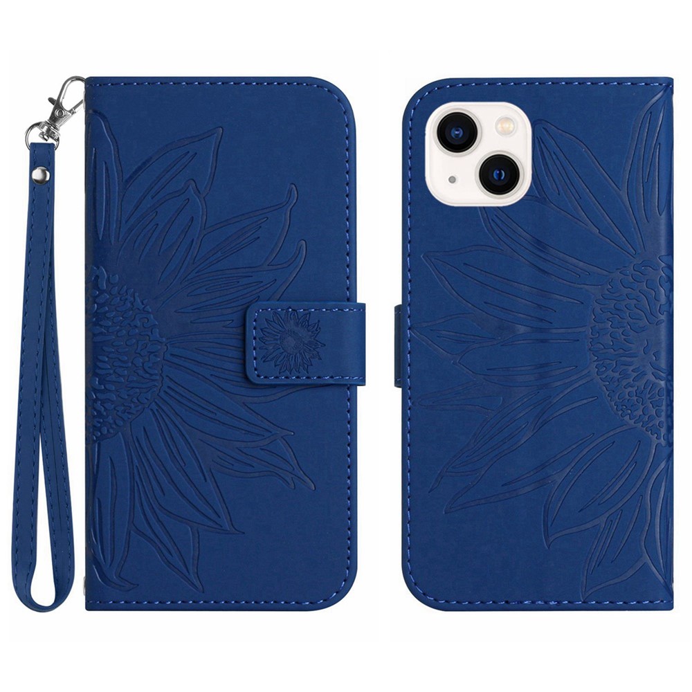 Skin-Touch Feeling Flip Phone Case for iPhone 13 mini, HT04 Imprinted Sunflower Stand PU Leather Magnetic Wallet Cover with Strap - Sapphire