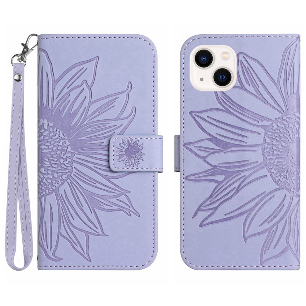 Skin-Touch Feeling Flip Phone Case for iPhone 13 mini, HT04 Imprinted Sunflower Stand PU Leather Magnetic Wallet Cover with Strap - Light Purple