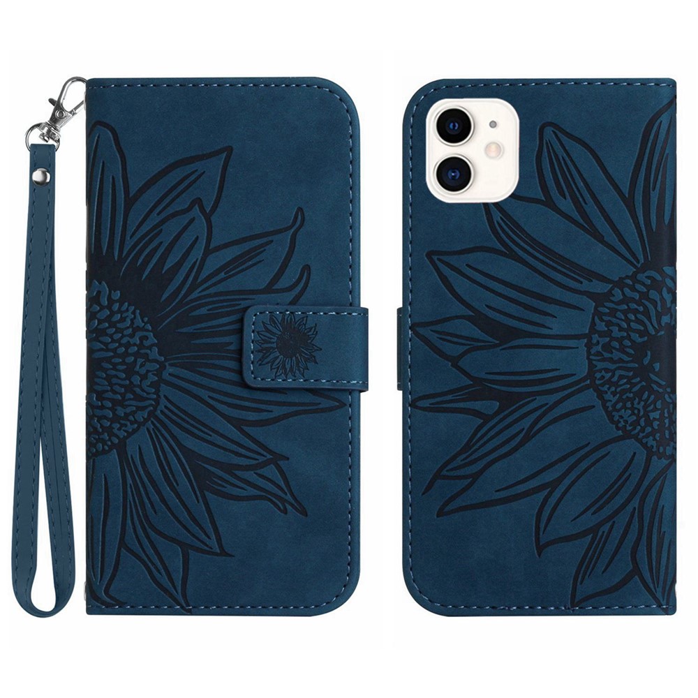 Skin-Touch Feeling Flip Phone Case for iPhone 11 6.1 inch, Imprinted Sunflower Stand Anti-drop PU Leather Magnetic Wallet Cover with Strap - Dark Blue