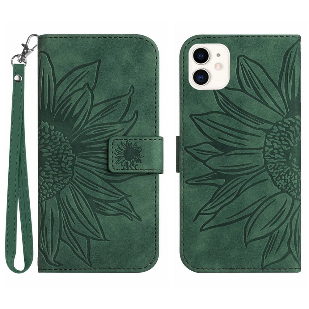 Skin-Touch Feeling Flip Phone Case for iPhone 11 6.1 inch, Imprinted Sunflower Stand Anti-drop PU Leather Magnetic Wallet Cover with Strap - Dark Green