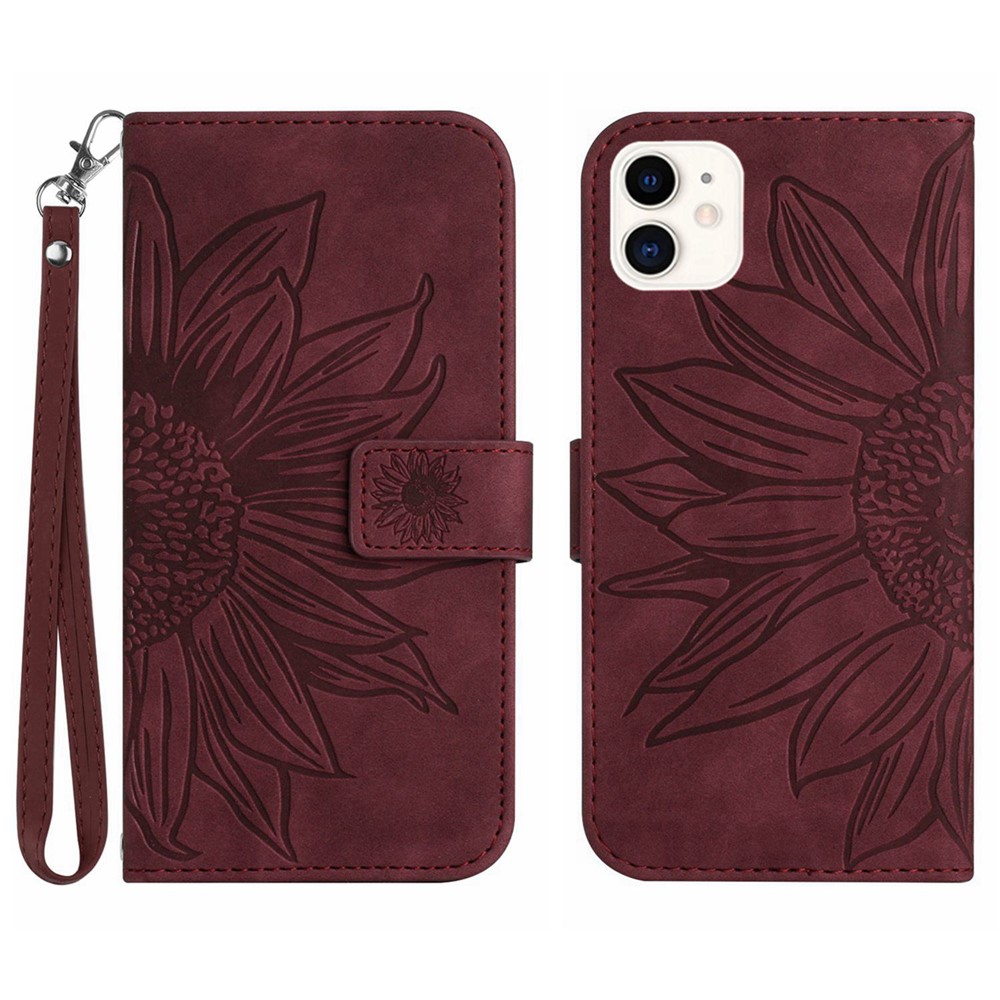 Skin-Touch Feeling Flip Phone Case for iPhone 11 6.1 inch, Imprinted Sunflower Stand Anti-drop PU Leather Magnetic Wallet Cover with Strap - Wine Red