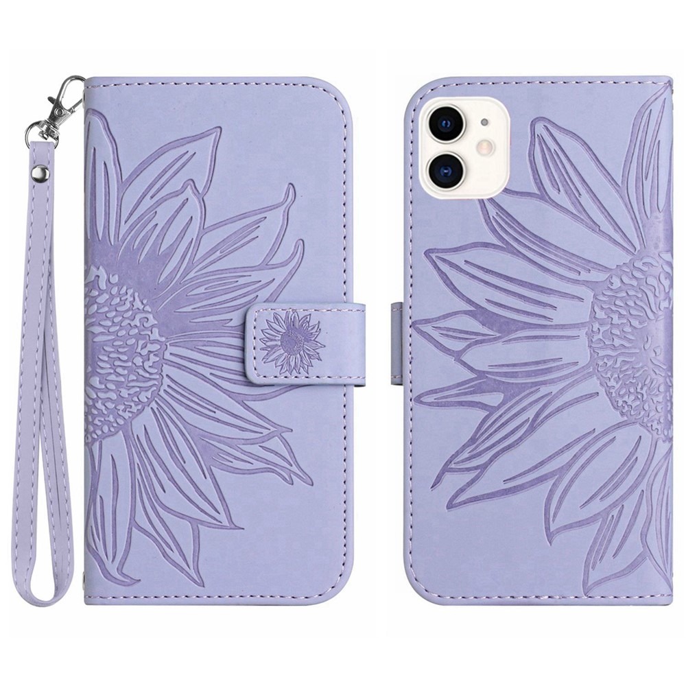 Skin-Touch Feeling Flip Phone Case for iPhone 11 6.1 inch, Imprinted Sunflower Stand Anti-drop PU Leather Magnetic Wallet Cover with Strap - Light Purple