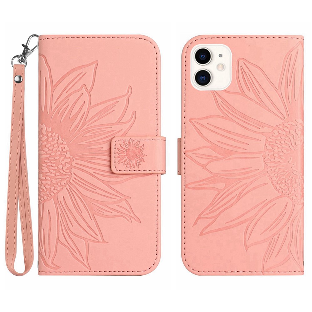 Skin-Touch Feeling Flip Phone Case for iPhone 11 6.1 inch, Imprinted Sunflower Stand Anti-drop PU Leather Magnetic Wallet Cover with Strap - Light Pink