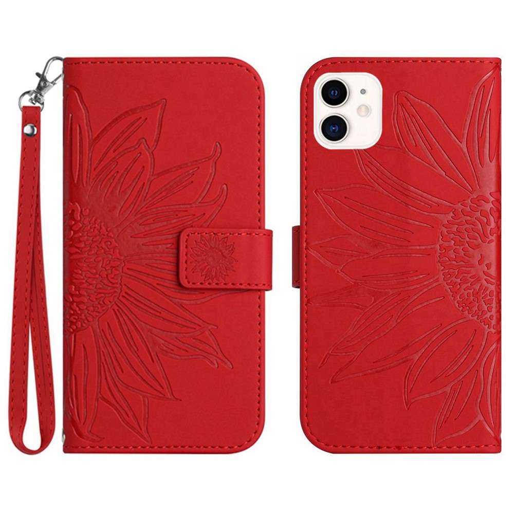 Skin-Touch Feeling Flip Phone Case for iPhone 11 6.1 inch, Imprinted Sunflower Stand Anti-drop PU Leather Magnetic Wallet Cover with Strap - Red