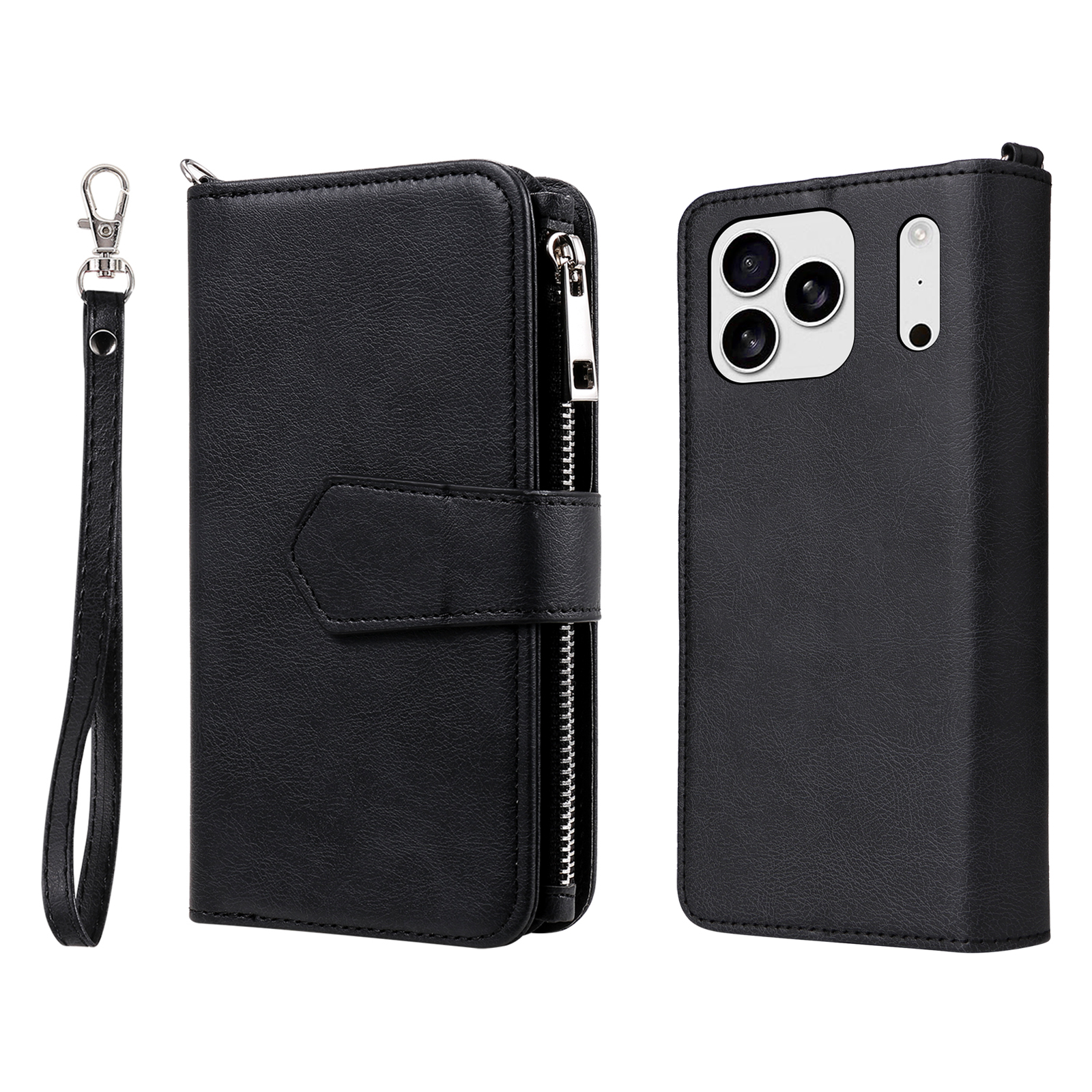 For iPhone 17 Pro Magnetic Leather Case Mobile Cover with Detachable Zipper Wallet Strap - Black