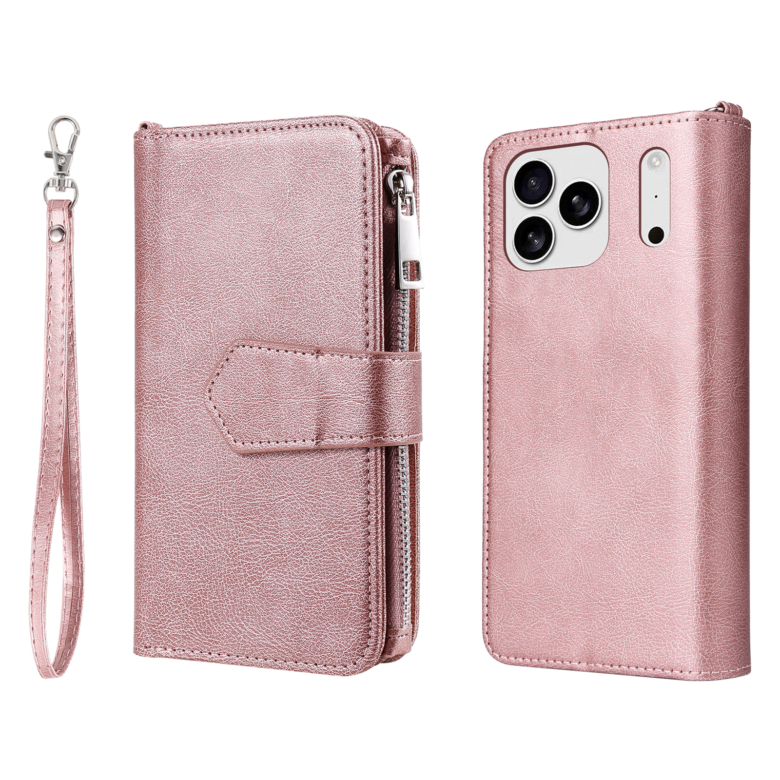 For iPhone 17 Pro Magnetic Leather Case Mobile Cover with Detachable Zipper Wallet Strap - Rose Gold