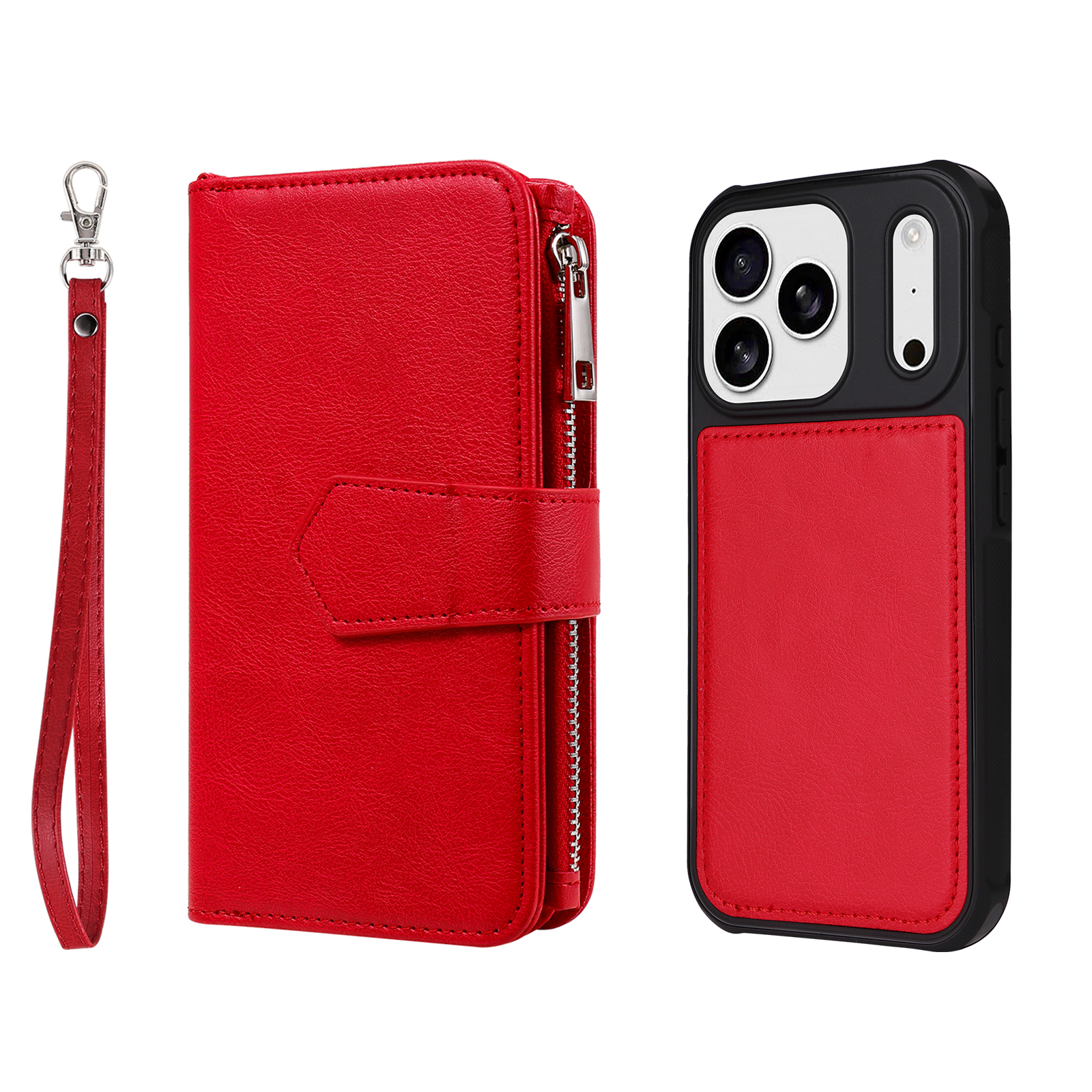 For iPhone 17 Pro Magnetic Leather Case Mobile Cover with Detachable Zipper Wallet Strap - Red