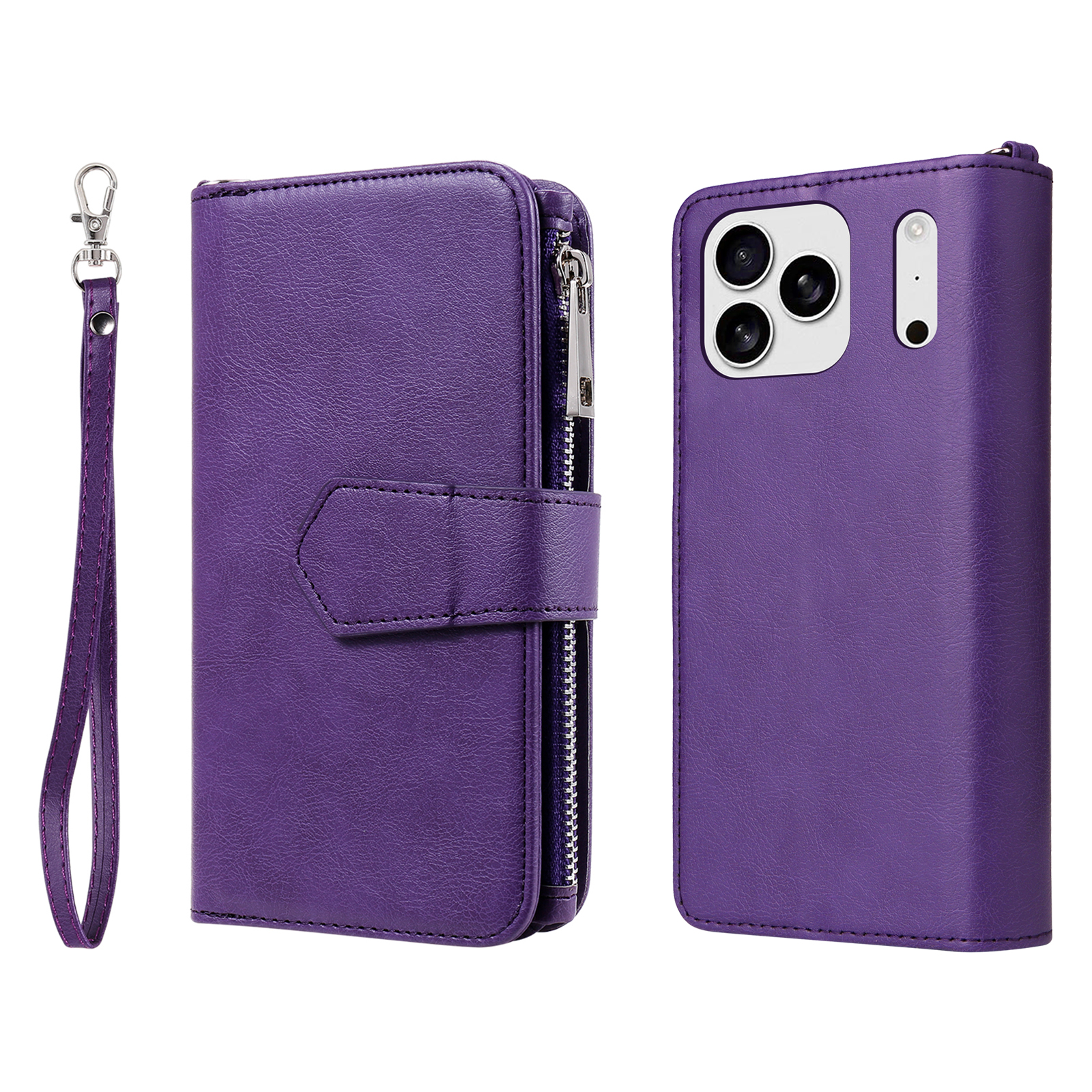 For iPhone 17 Pro Magnetic Leather Case Mobile Cover with Detachable Zipper Wallet Strap - Purple