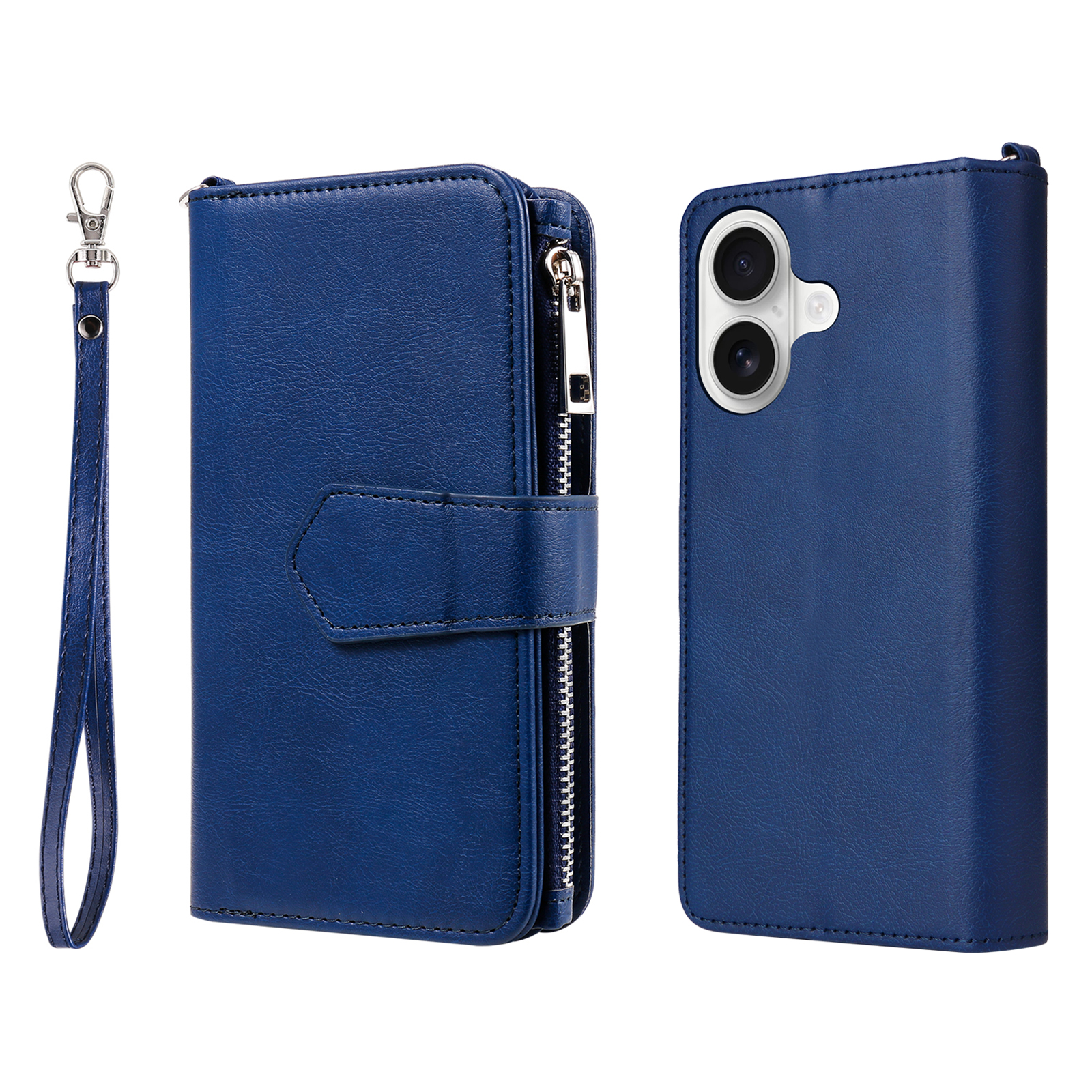 For iPhone 17 Magnetic Leather Case Mobile Cover with Detachable Zipper Wallet Strap - Blue