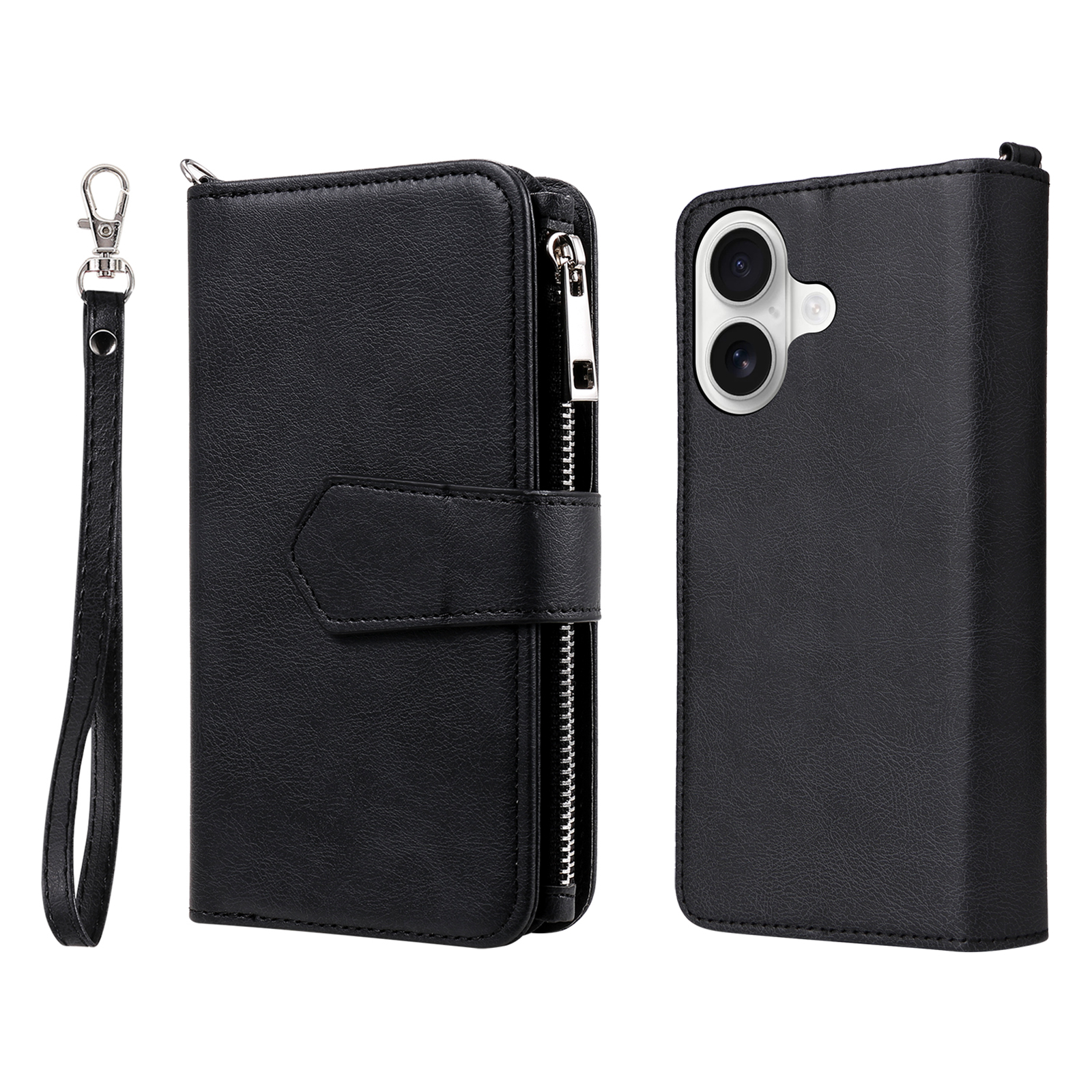 For iPhone 17 Magnetic Leather Case Mobile Cover with Detachable Zipper Wallet Strap - Black