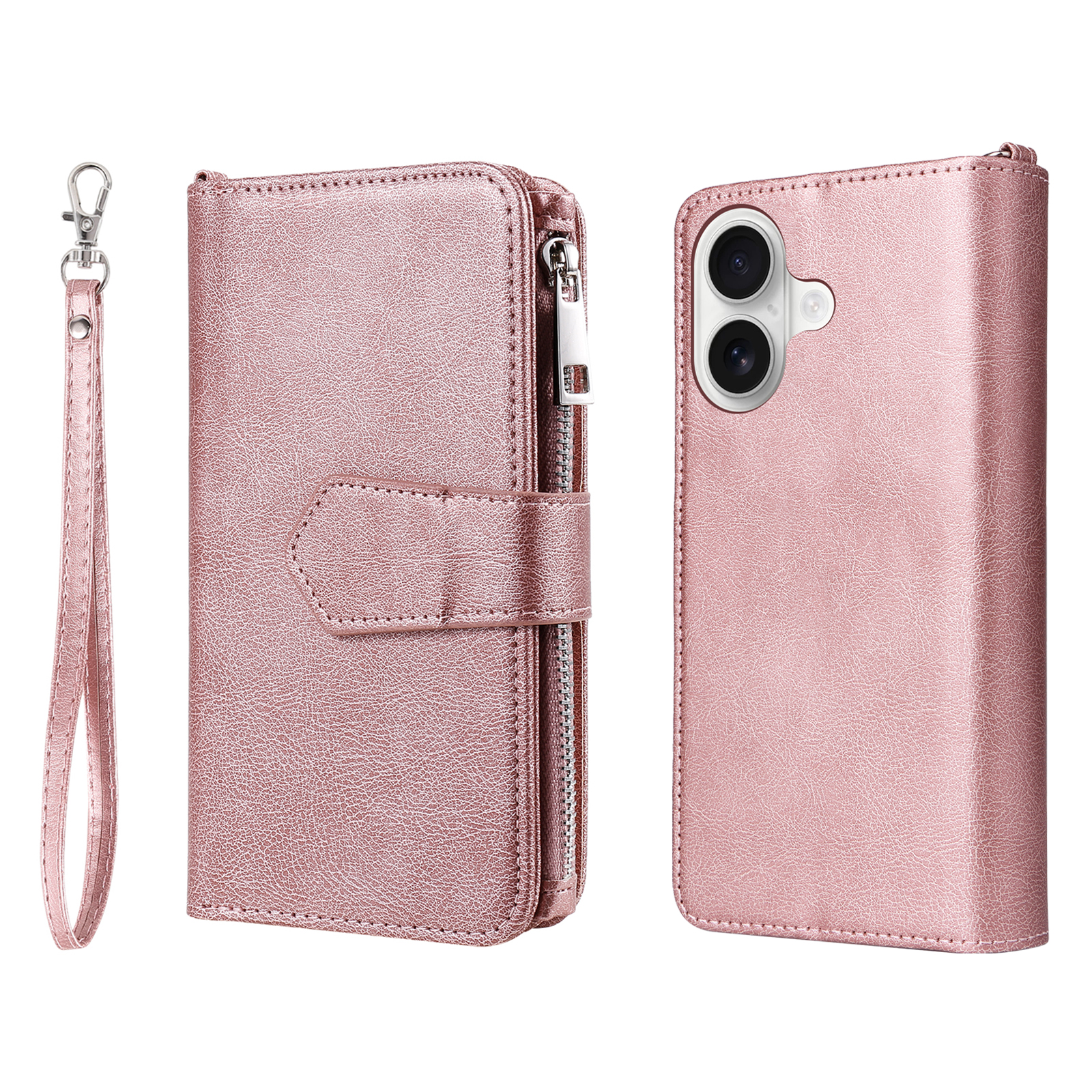 For iPhone 17 Magnetic Leather Case Mobile Cover with Detachable Zipper Wallet Strap - Rose Gold