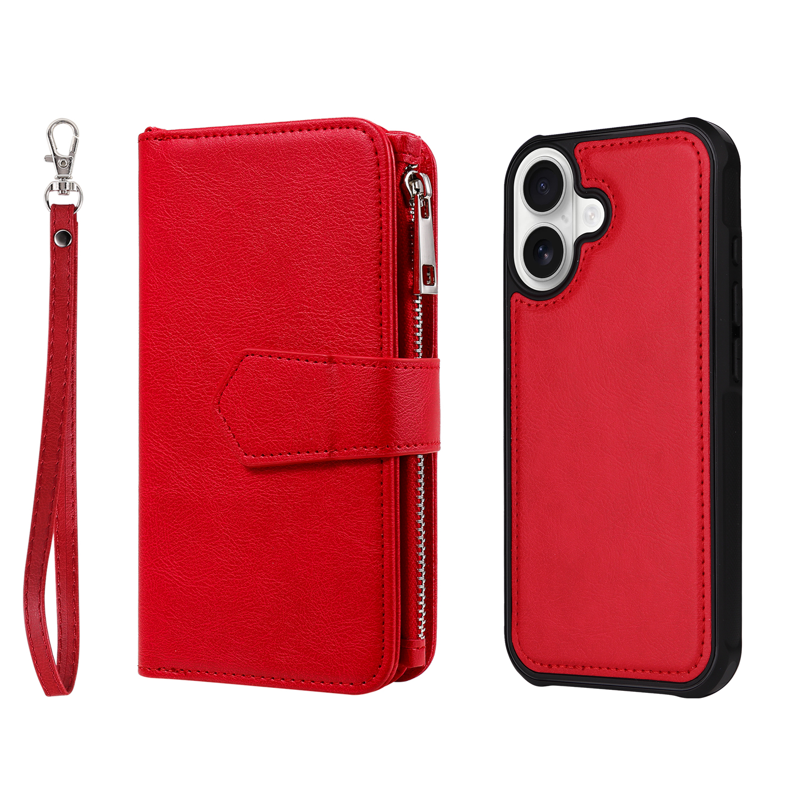 For iPhone 17 Magnetic Leather Case Mobile Cover with Detachable Zipper Wallet Strap - Red