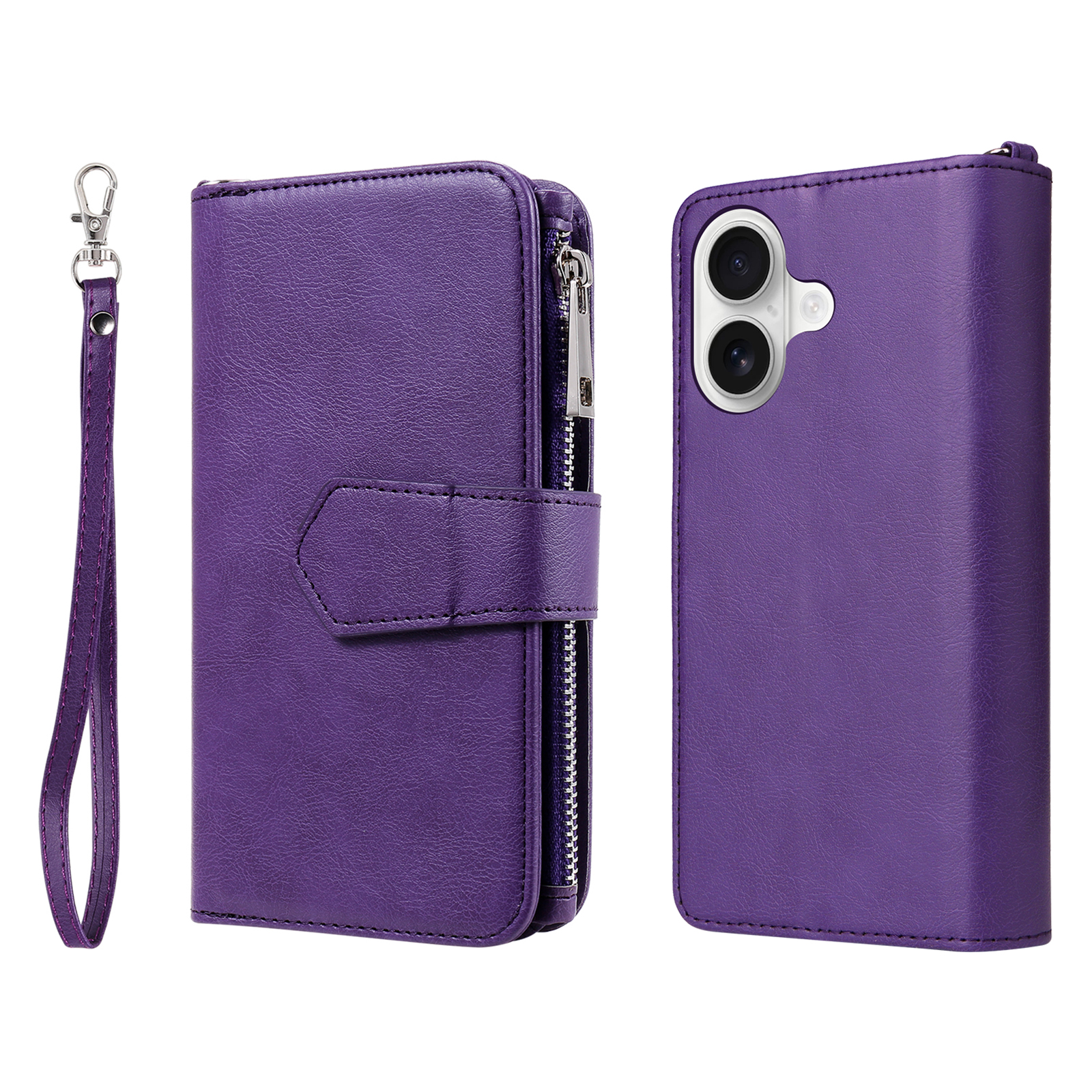 For iPhone 17 Magnetic Leather Case Mobile Cover with Detachable Zipper Wallet Strap - Purple