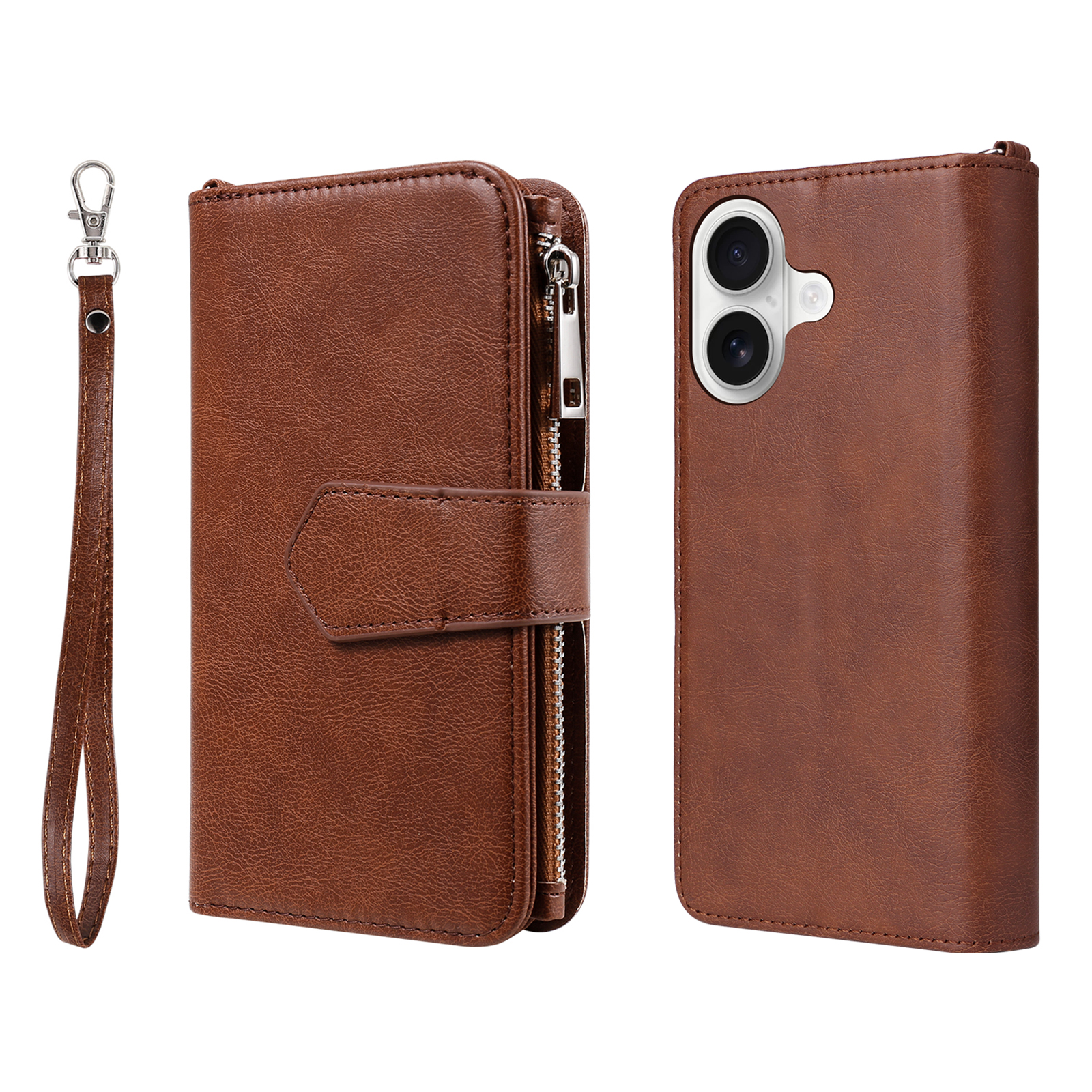 For iPhone 17 Magnetic Leather Case Mobile Cover with Detachable Zipper Wallet Strap - Brown