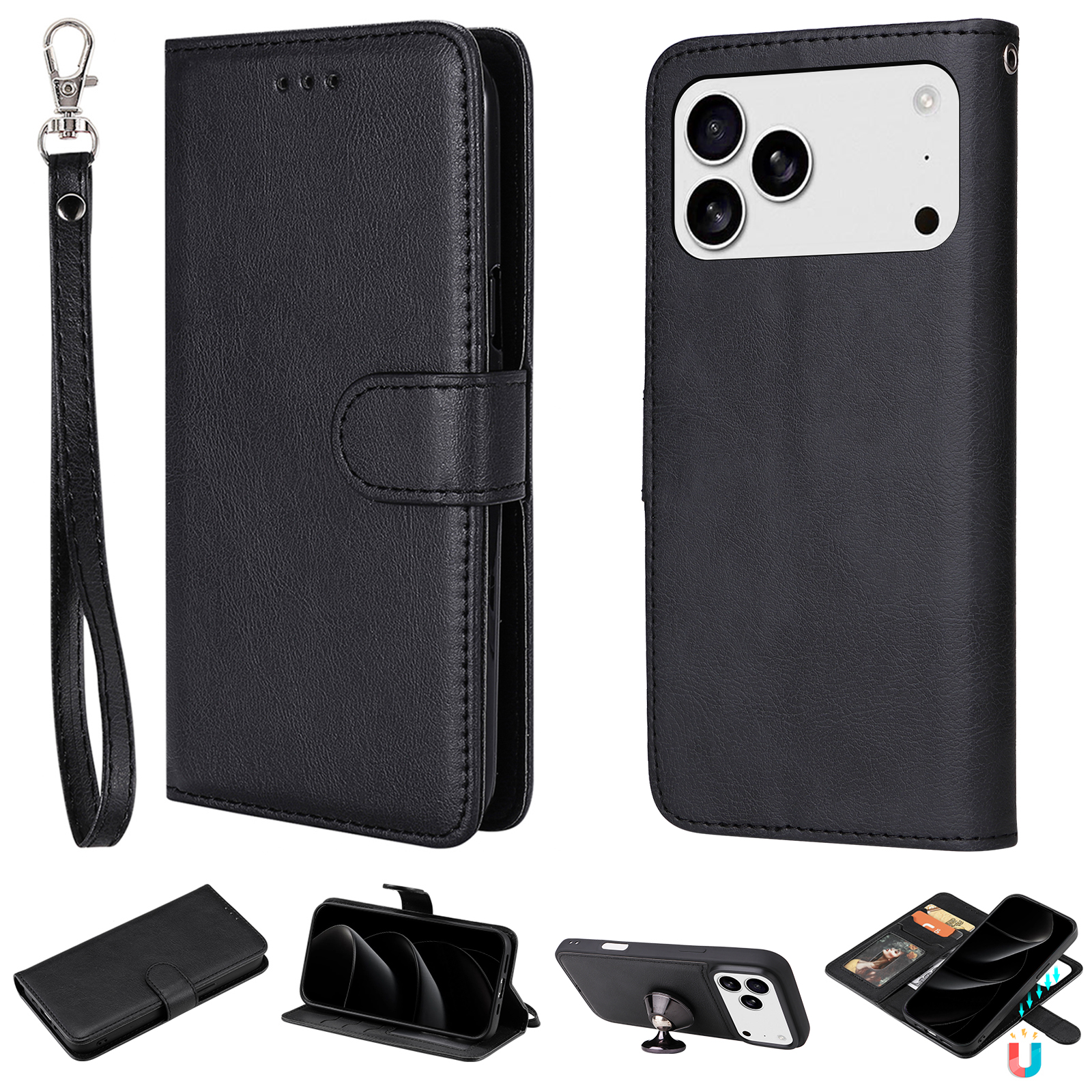 For iPhone 17 Pro Max Case 2 in 1 Detachable Magnetic Leather Wallet Mobile Cover with Strap - Black