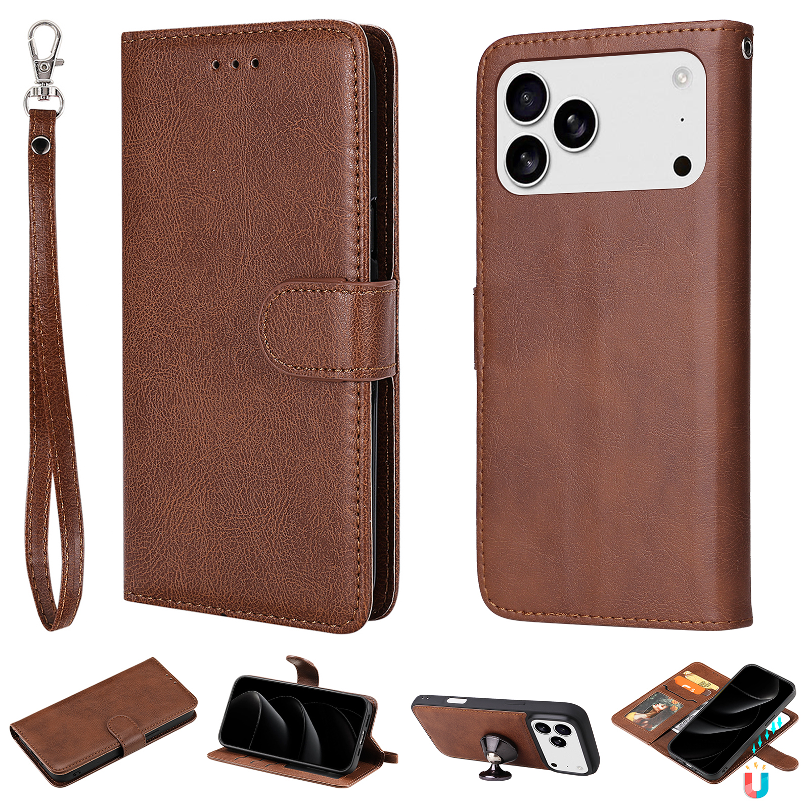 For iPhone 17 Pro Max Case 2 in 1 Detachable Magnetic Leather Wallet Mobile Cover with Strap - Brown