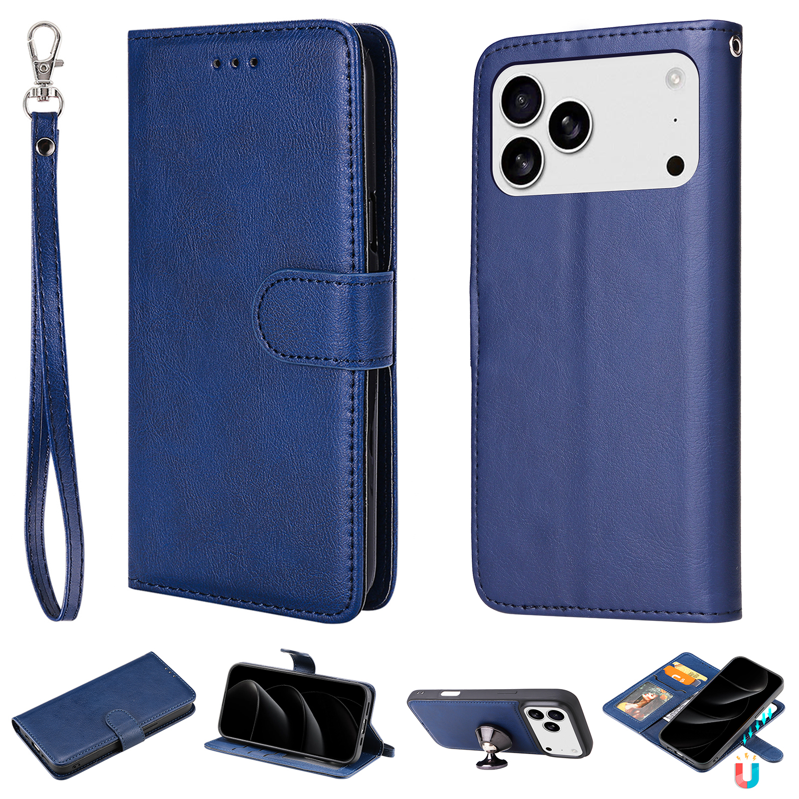 For iPhone 17 Pro Max Case 2 in 1 Detachable Magnetic Leather Wallet Mobile Cover with Strap - Blue