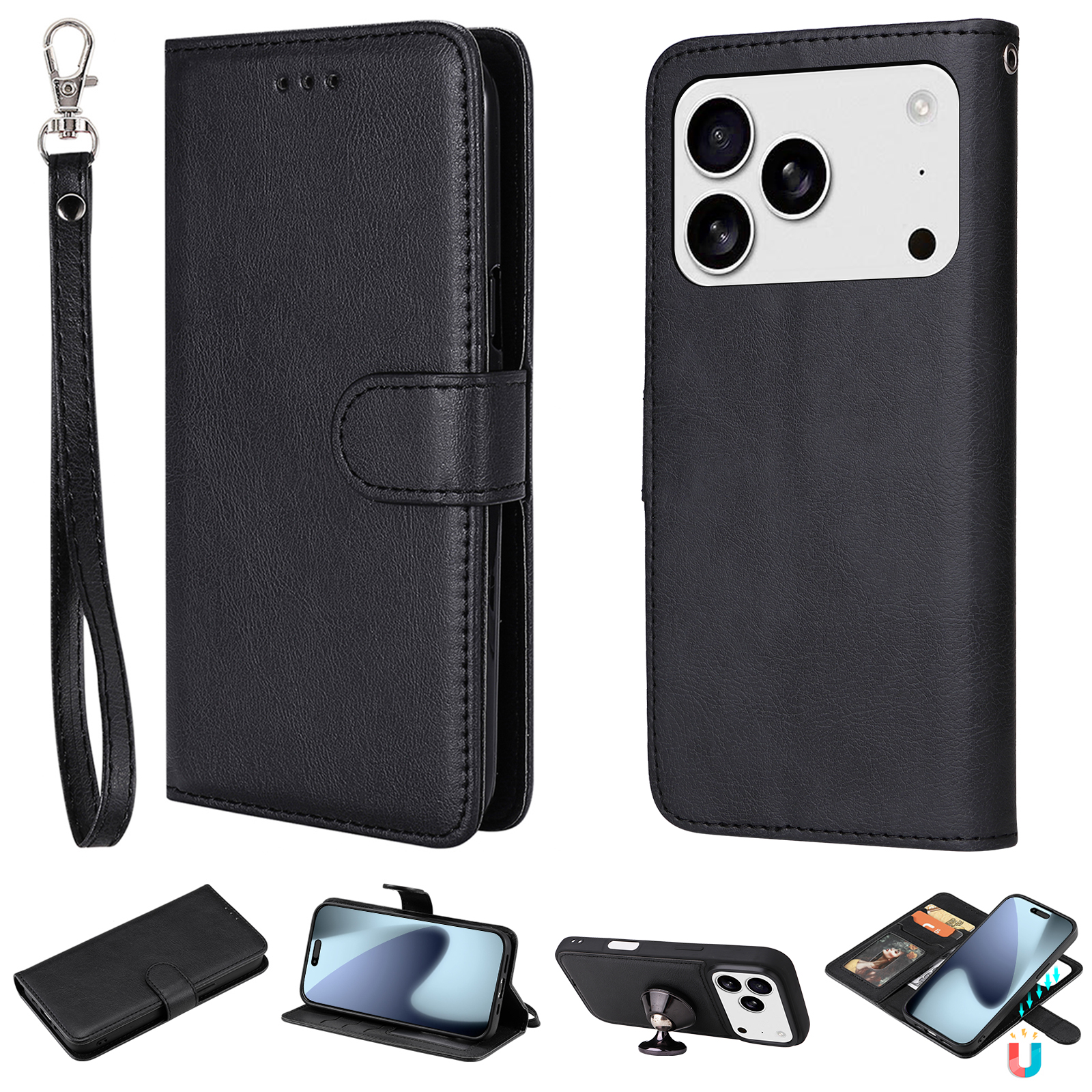 For iPhone 17 Pro Case 2 in 1 Detachable Magnetic Leather Wallet Mobile Cover with Strap - Black