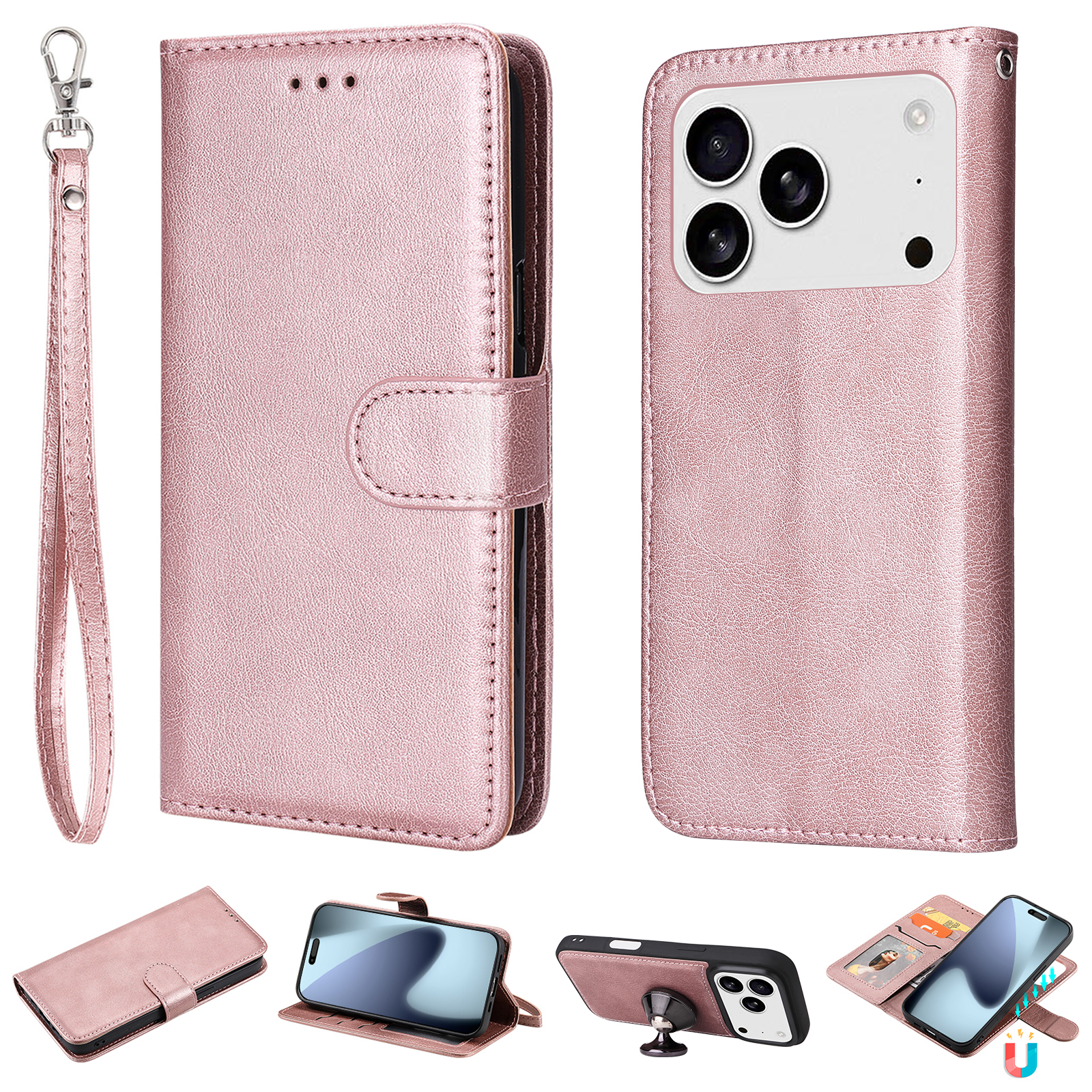 For iPhone 17 Pro Case 2 in 1 Detachable Magnetic Leather Wallet Mobile Cover with Strap - Rose Gold