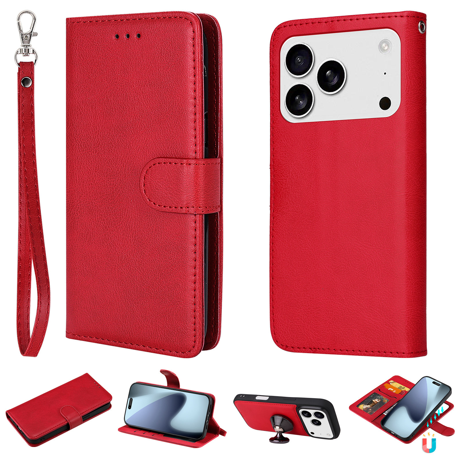 For iPhone 17 Pro Case 2 in 1 Detachable Magnetic Leather Wallet Mobile Cover with Strap - Red