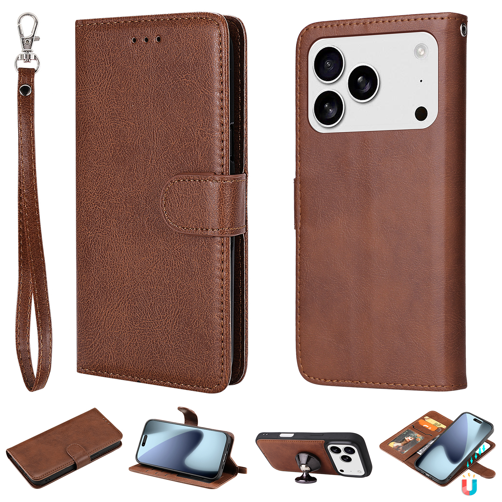 For iPhone 17 Pro Case 2 in 1 Detachable Magnetic Leather Wallet Mobile Cover with Strap - Brown