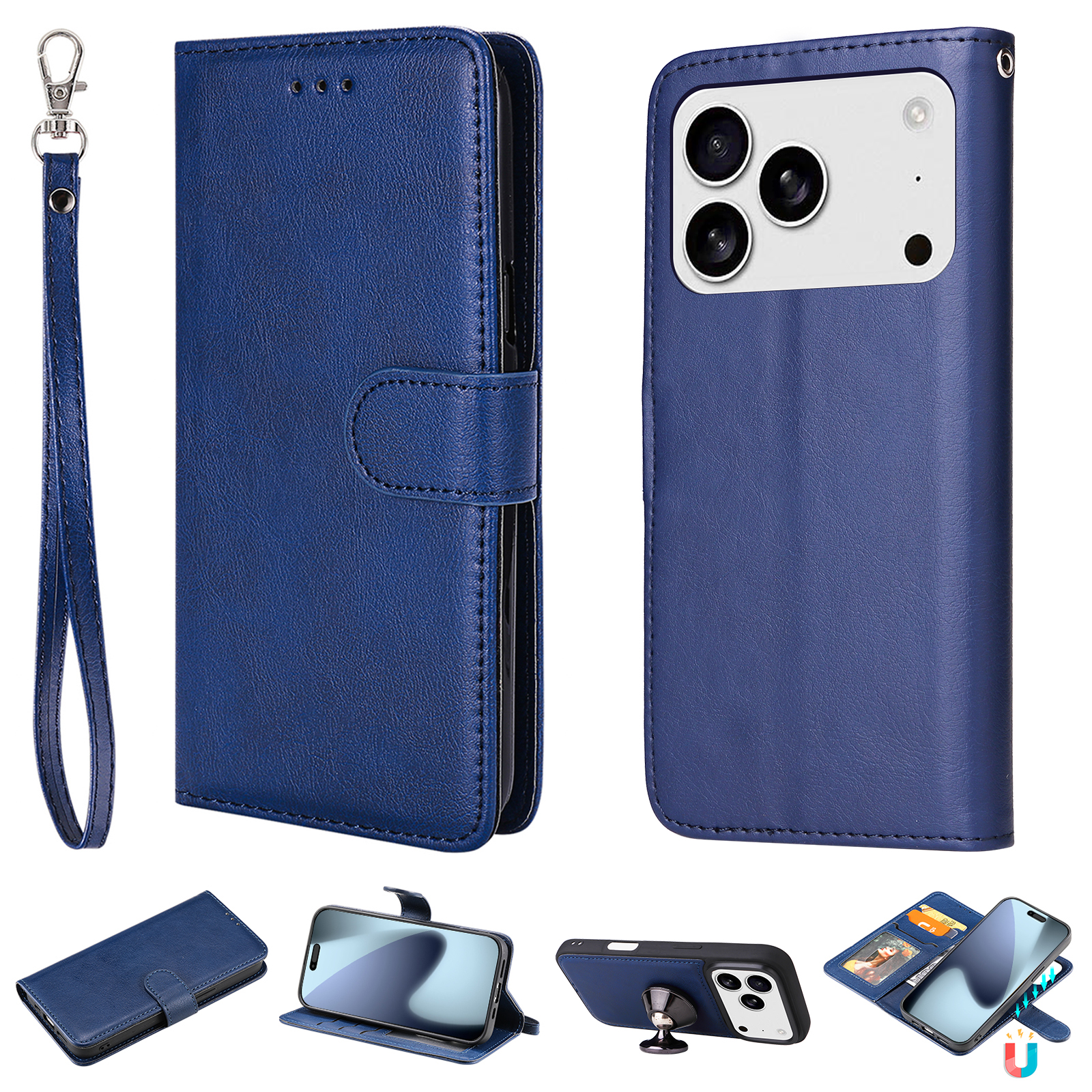 For iPhone 17 Pro Case 2 in 1 Detachable Magnetic Leather Wallet Mobile Cover with Strap - Blue