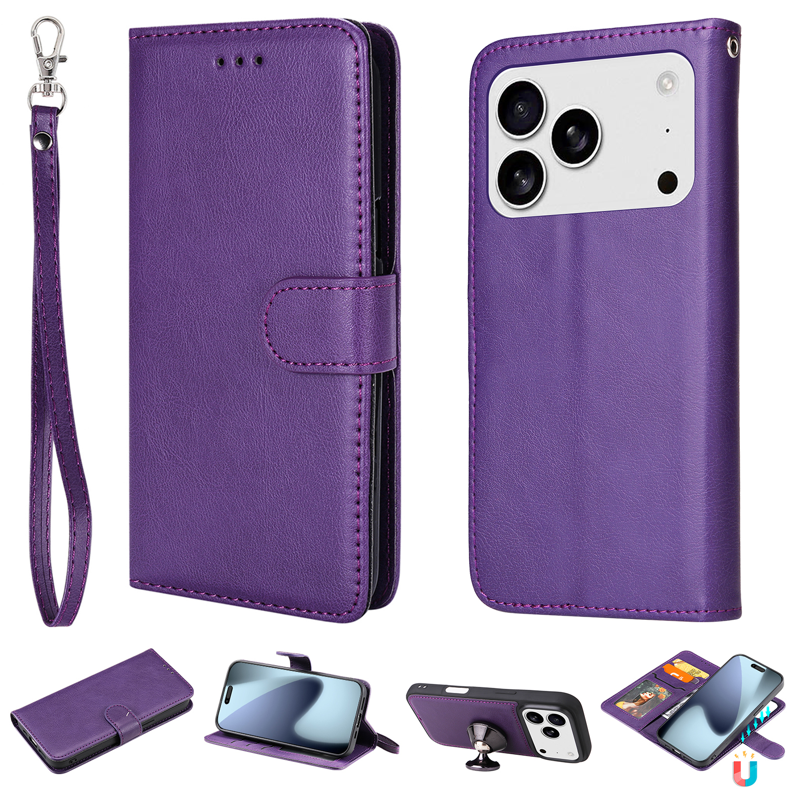 For iPhone 17 Pro Case 2 in 1 Detachable Magnetic Leather Wallet Mobile Cover with Strap - Purple