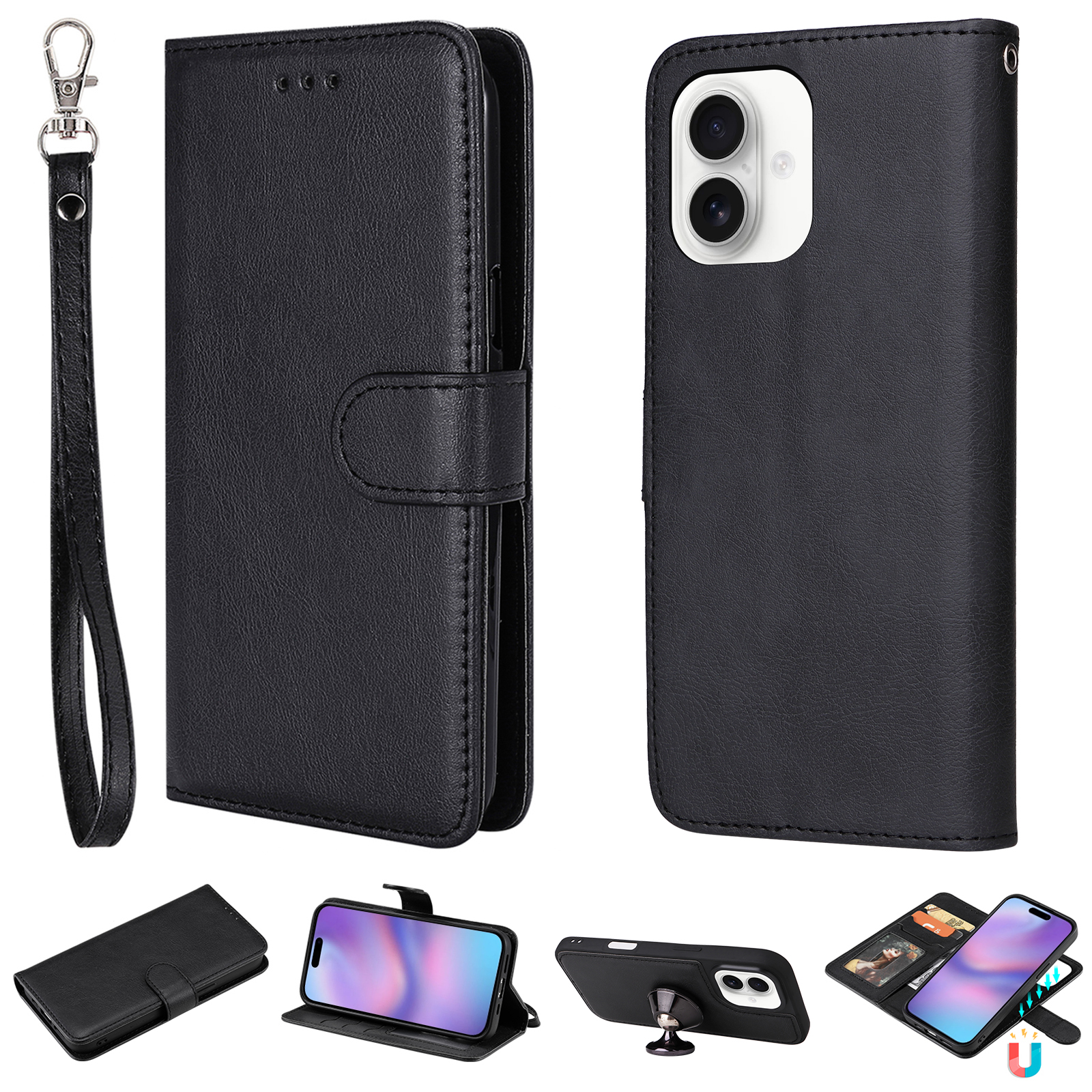 For iPhone 17 Case 2 in 1 Detachable Magnetic Leather Wallet Mobile Cover with Strap - Black