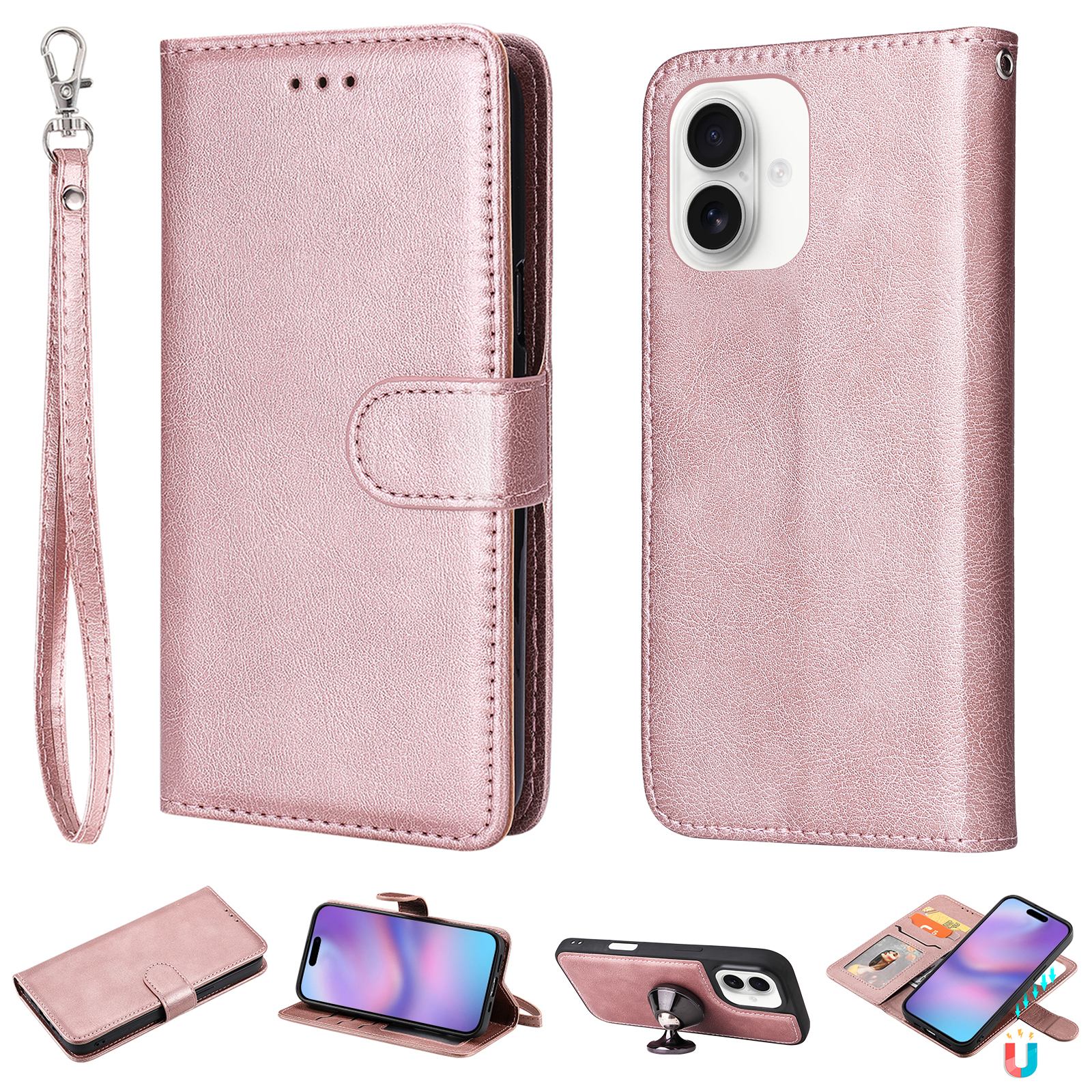 For iPhone 17 Case 2 in 1 Detachable Magnetic Leather Wallet Mobile Cover with Strap - Rose Gold