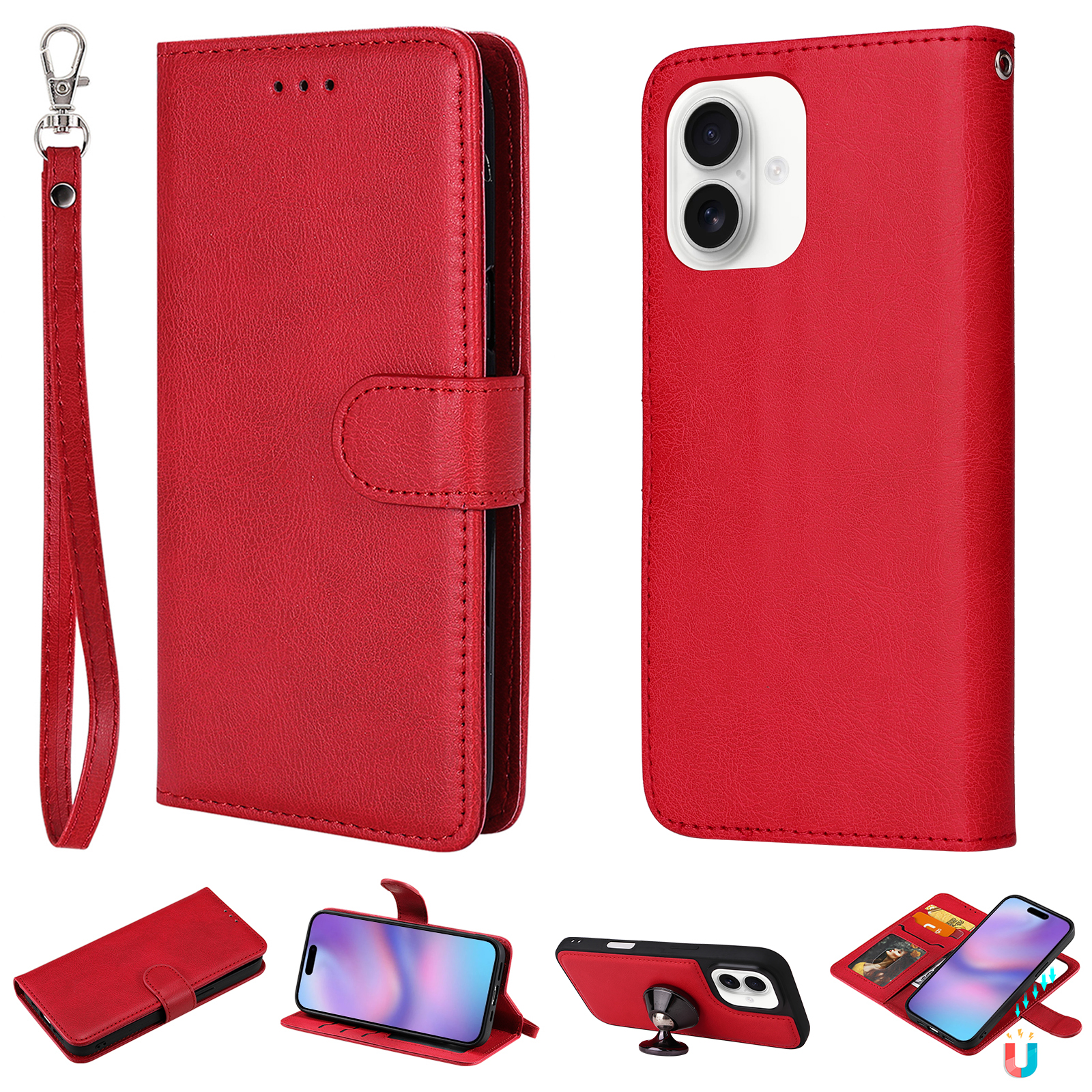 For iPhone 17 Case 2 in 1 Detachable Magnetic Leather Wallet Mobile Cover with Strap - Red
