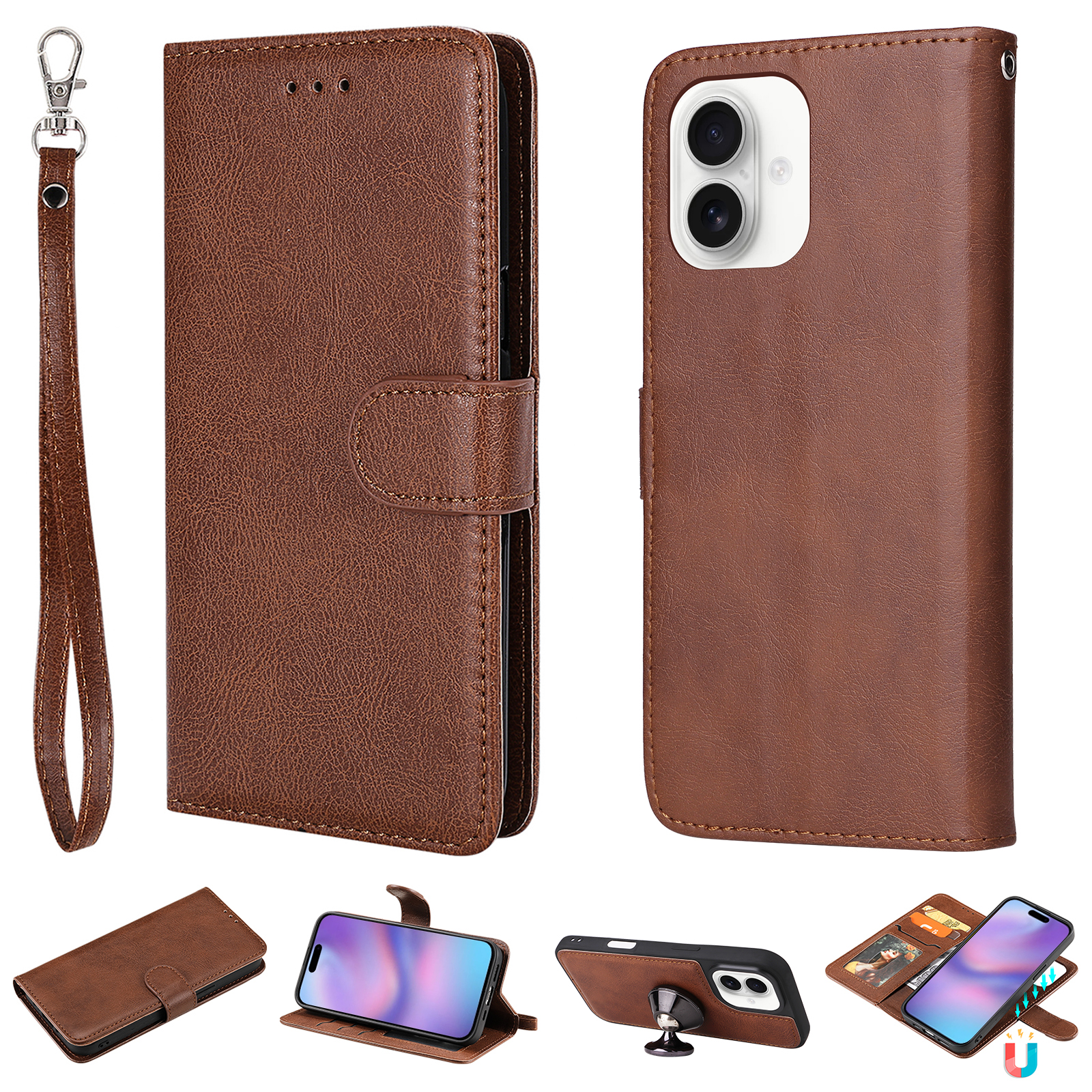 For iPhone 17 Case 2 in 1 Detachable Magnetic Leather Wallet Mobile Cover with Strap - Brown