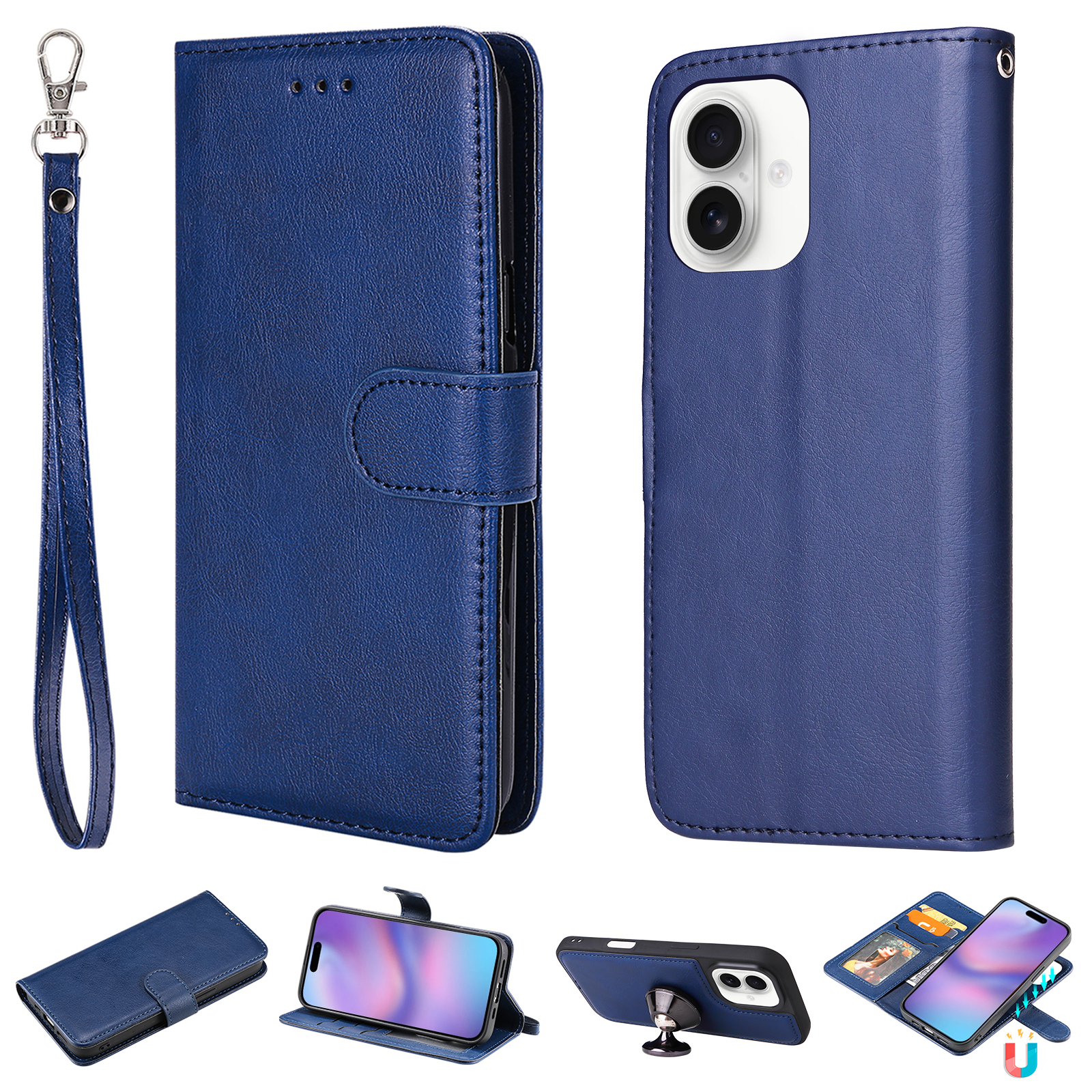 For iPhone 17 Case 2 in 1 Detachable Magnetic Leather Wallet Mobile Cover with Strap - Blue