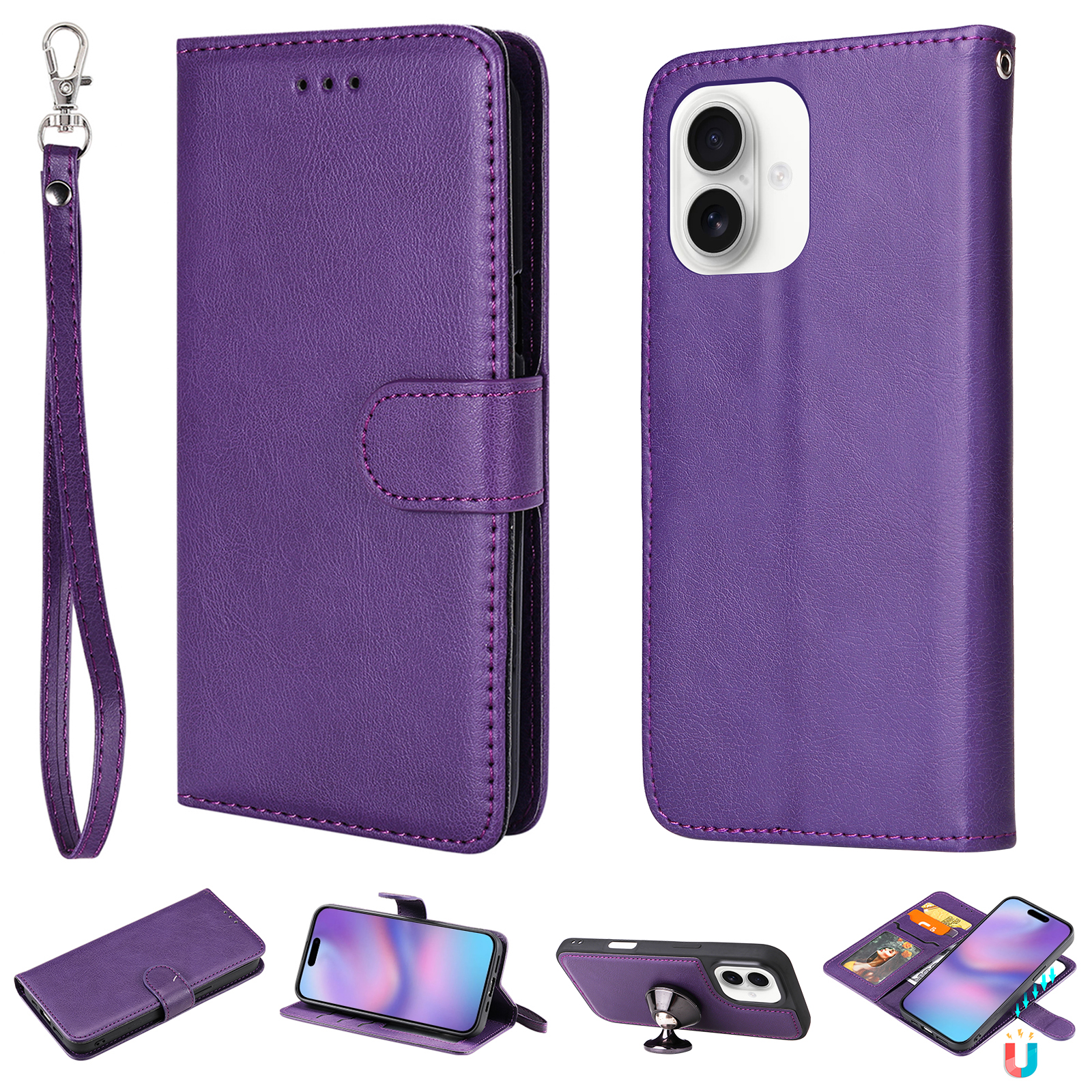 For iPhone 17 Case 2 in 1 Detachable Magnetic Leather Wallet Mobile Cover with Strap - Purple