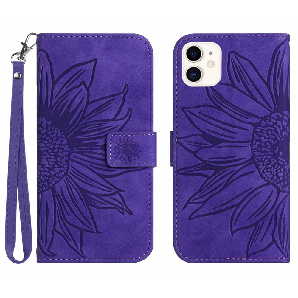 For iPhone 12 mini 5.4 inch HT04 Imprinted Sunflower Phone Shockproof Case Skin-Touch PU Leather Foldable Stand Wallet Cover with Hand Strap - Dark Purple