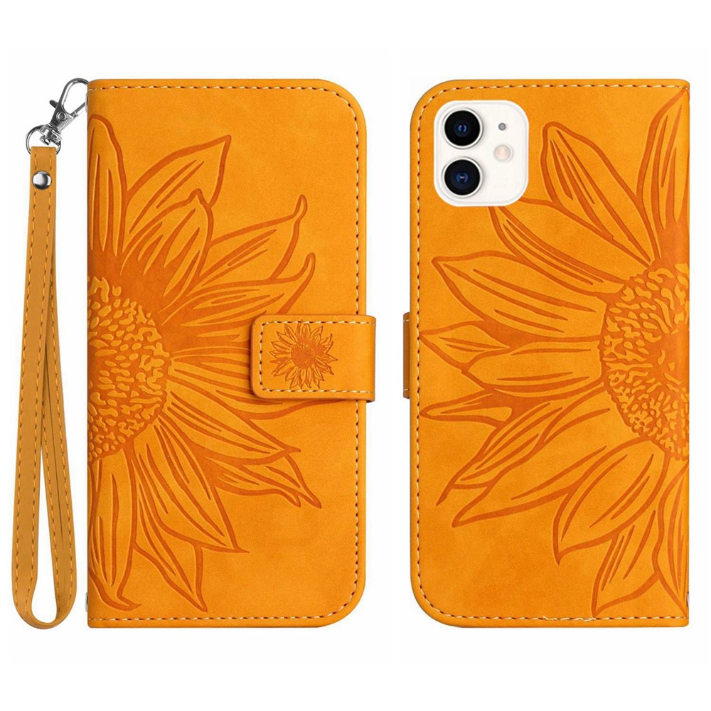 For iPhone 12 mini 5.4 inch HT04 Imprinted Sunflower Phone Shockproof Case Skin-Touch PU Leather Foldable Stand Wallet Cover with Hand Strap - Yellow