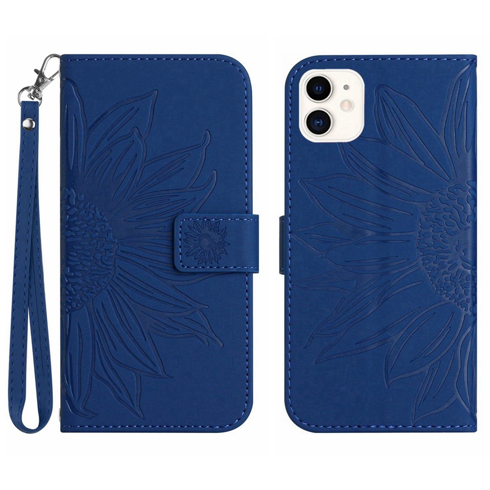 For iPhone 12 mini 5.4 inch HT04 Imprinted Sunflower Phone Shockproof Case Skin-Touch PU Leather Foldable Stand Wallet Cover with Hand Strap - Sapphire