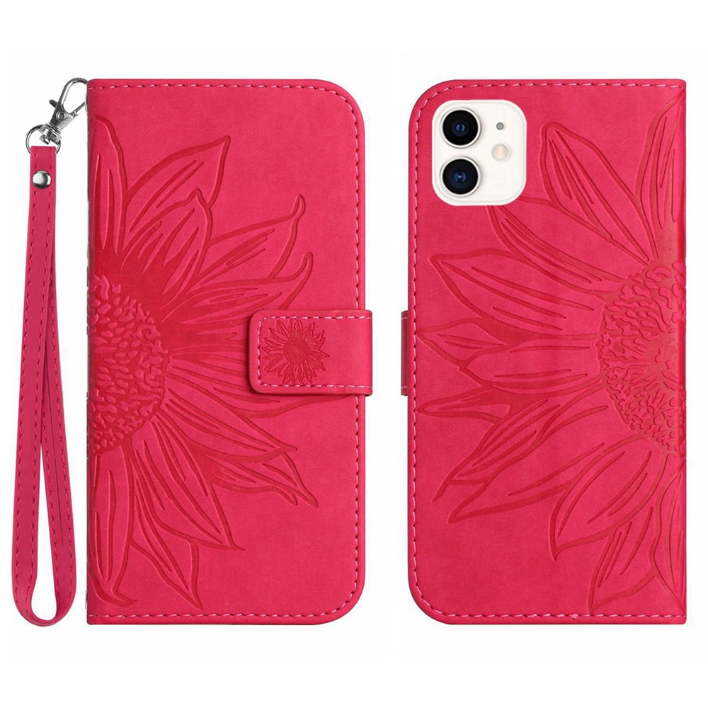 For iPhone 12 mini 5.4 inch HT04 Imprinted Sunflower Phone Shockproof Case Skin-Touch PU Leather Foldable Stand Wallet Cover with Hand Strap - Rose