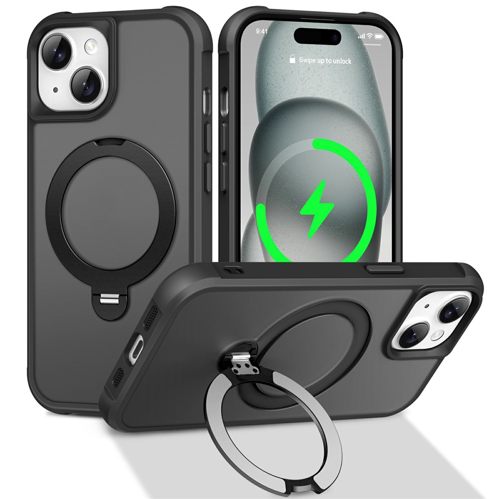 For iPhone 15 Case Compatible with MagSafe Rotatable Kickstand TPU + PC Shockproof Phone Cover - Black