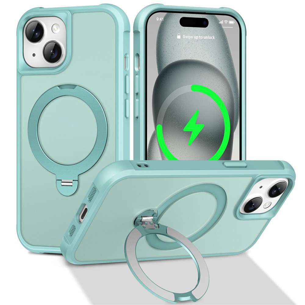 For iPhone 15 Case Compatible with MagSafe Rotatable Kickstand TPU + PC Shockproof Phone Cover - Lake Blue