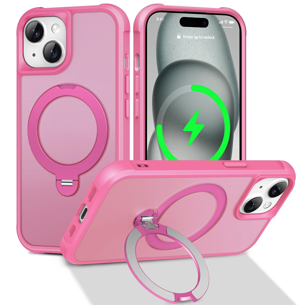 For iPhone 15 Case Compatible with MagSafe Rotatable Kickstand TPU + PC Shockproof Phone Cover - Rose