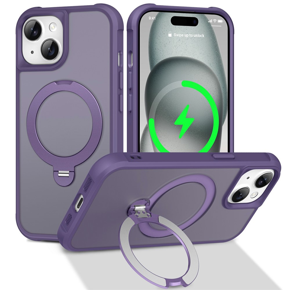 For iPhone 15 Case Compatible with MagSafe Rotatable Kickstand TPU + PC Shockproof Phone Cover - Purple